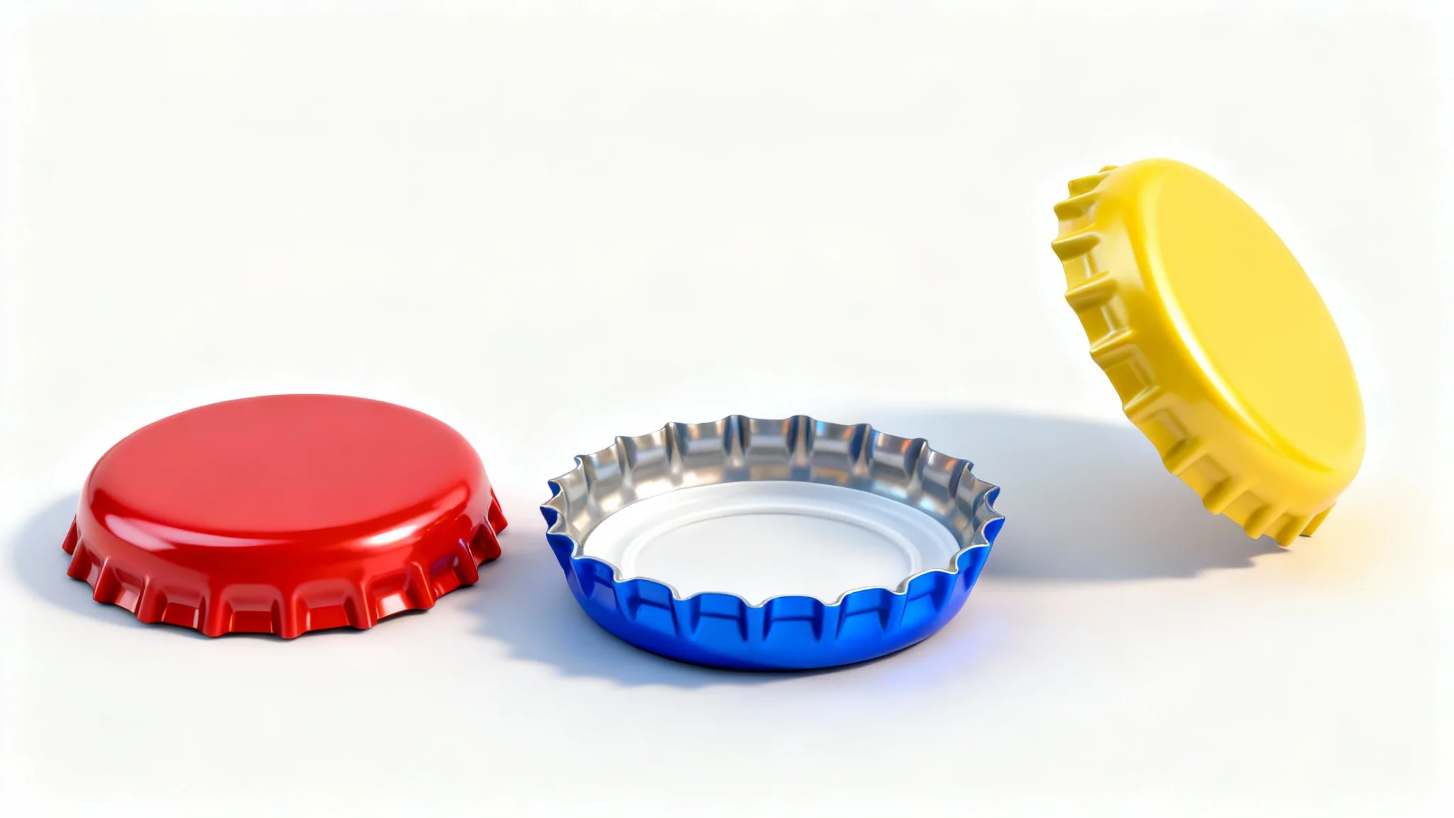 A photorealistic 3D render of three colorful metal bottle caps (red, blue, and yellow) arranged on a white background, showcasing the high-quality digital model from various angles.