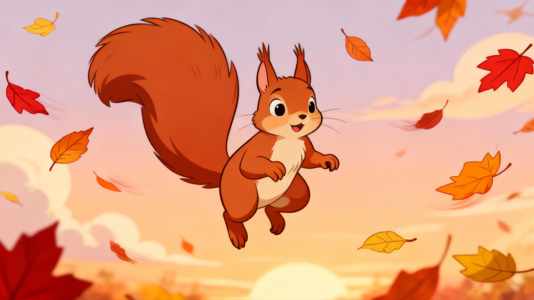 A polished animation still of a happy cartoon squirrel leaping through the air, surrounded by a swirl of colorful falling autumn leaves against a sunset sky.