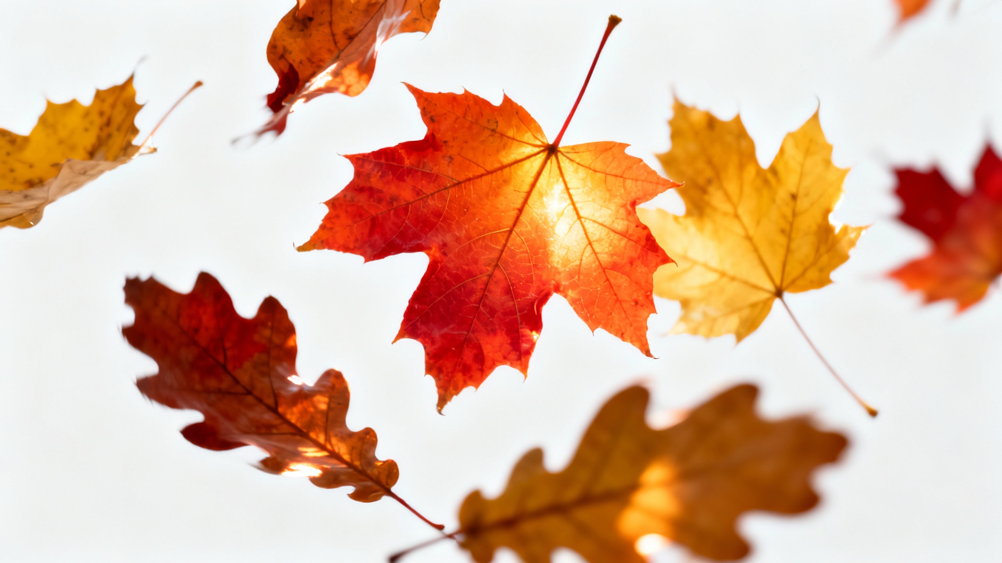 A vibrant collection of red, orange, and yellow autumn leaves frozen in mid-air as they fall against a clean white background, conveying a sense of motion.