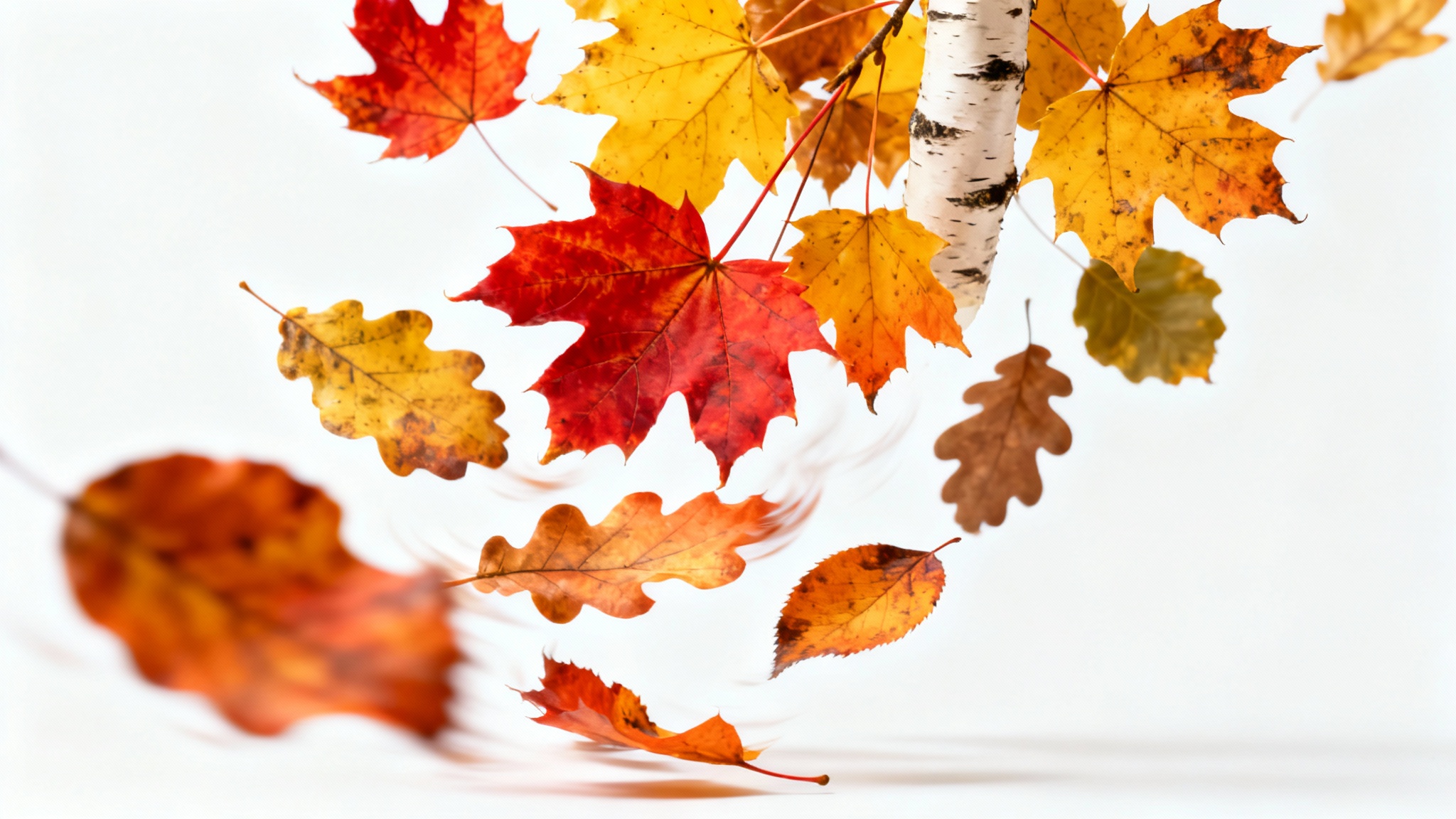 A dynamic cascade of colorful autumn leaves, including red maple and yellow oak, frozen in mid-air against a plain white background, suggesting motion.