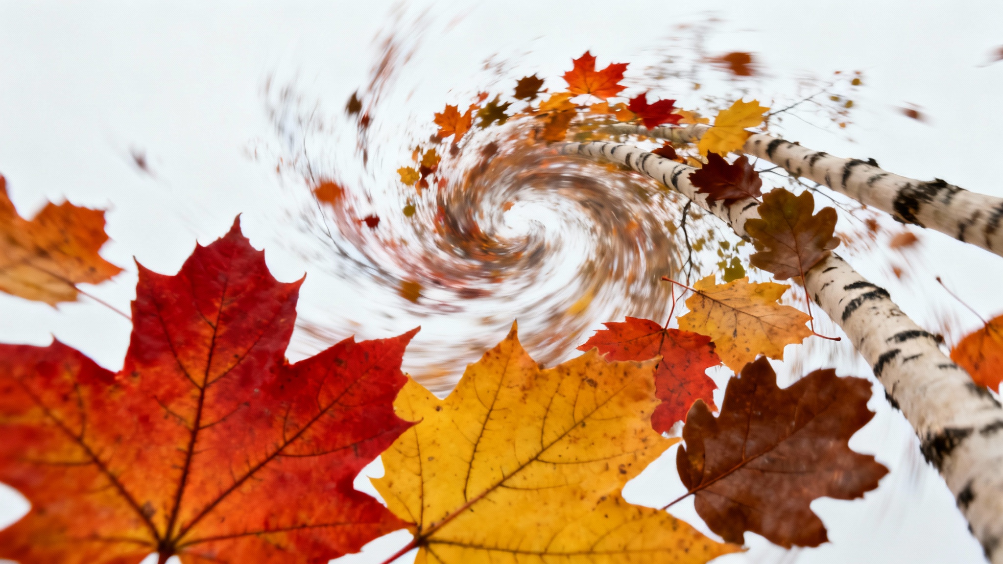 A vibrant collection of red, orange, and yellow autumn leaves captured in mid-fall, with some leaves in sharp focus and others blurred to show motion, all against a stark white background to simulate an animation effect.