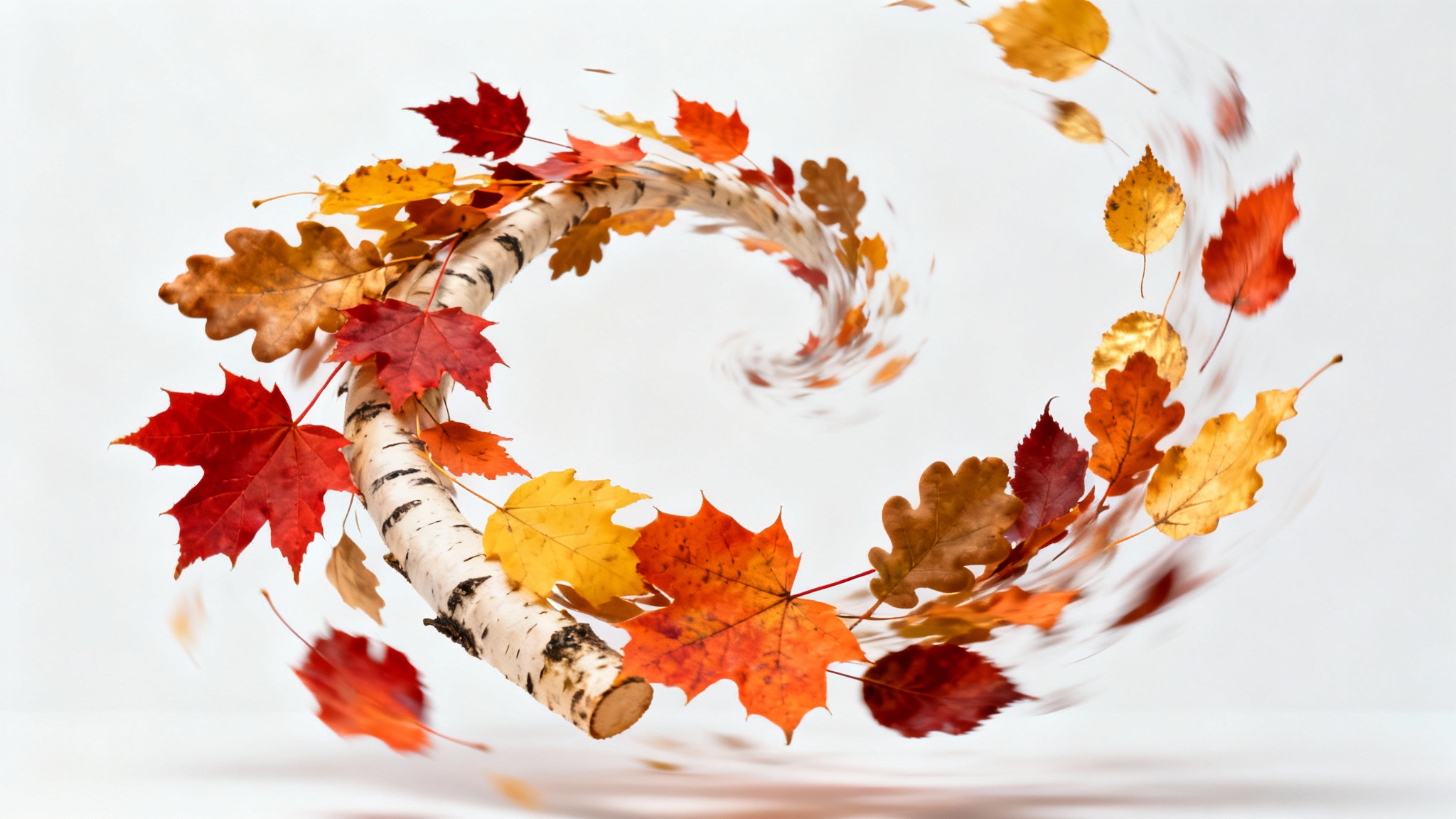 A vibrant swirl of red, orange, and yellow autumn leaves frozen in mid-fall against a clean white background, suggesting an animation.