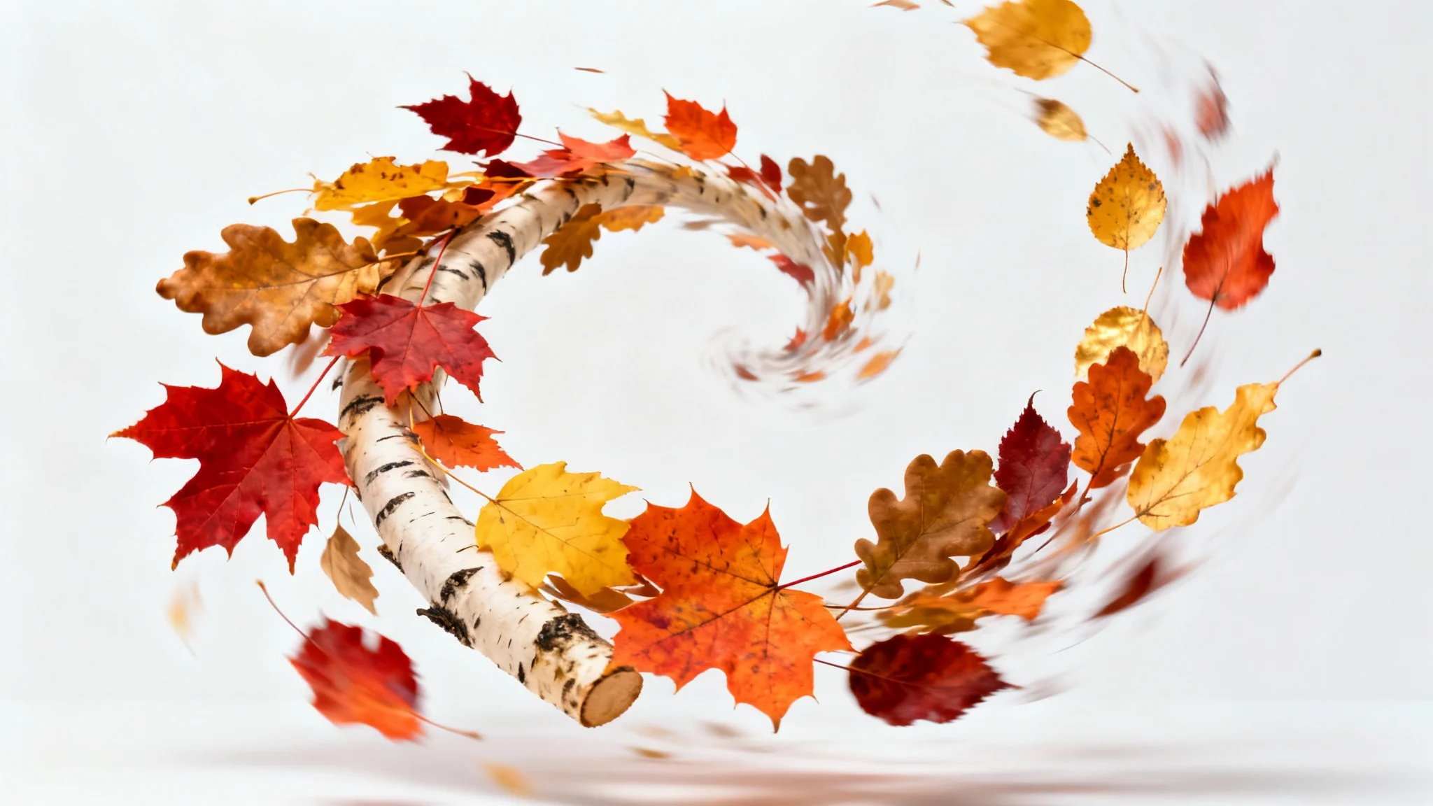 A vibrant swirl of red, orange, and yellow autumn leaves frozen in mid-fall against a clean white background, suggesting an animation.
