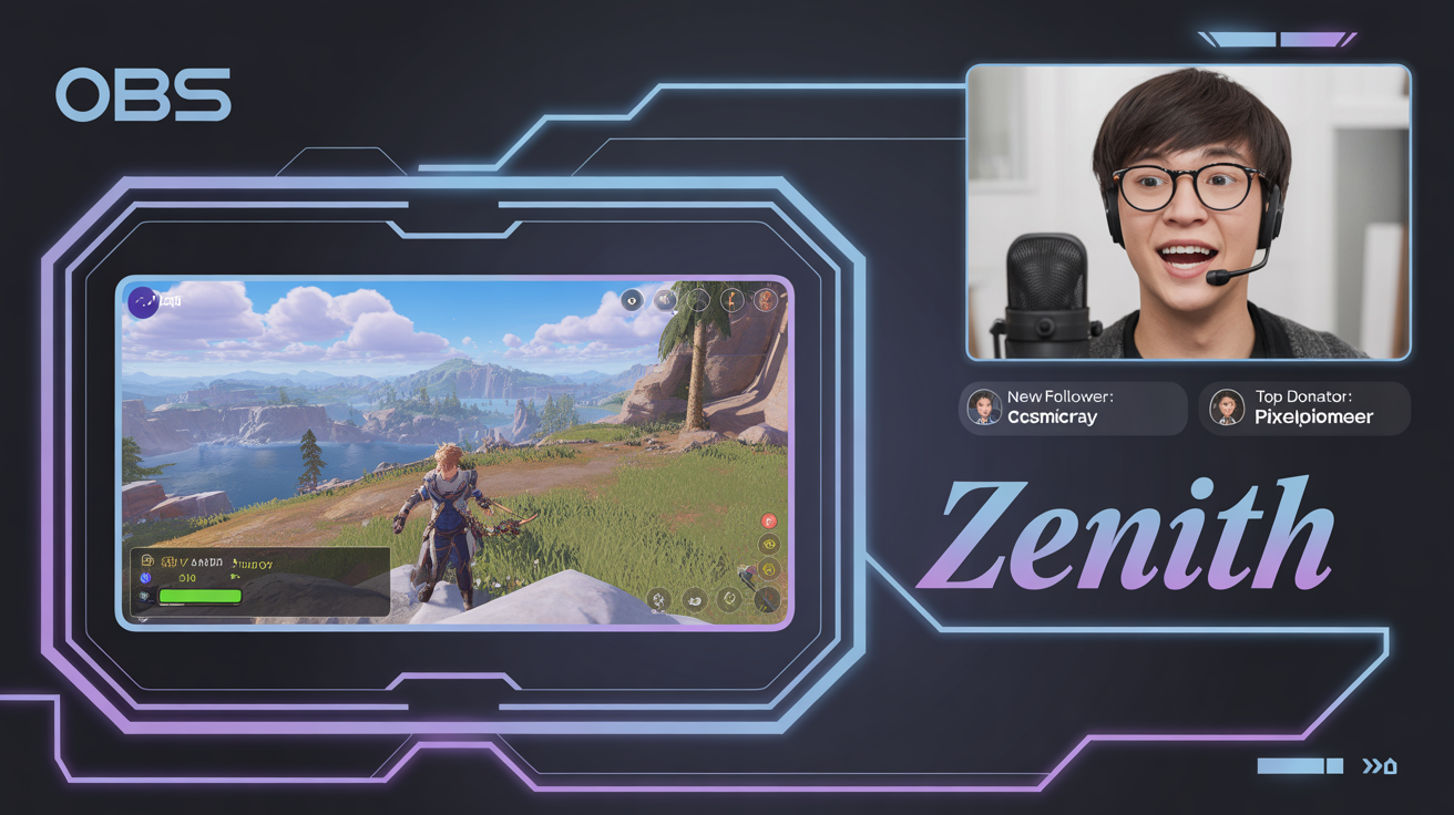 A polished, futuristic OBS stream overlay in a 16:9 aspect ratio, showing a live stream in progress. The overlay features neon blue and purple accents, with designated areas for gameplay, a webcam feed of a young male streamer with glasses, and alerts for new followers and donations.