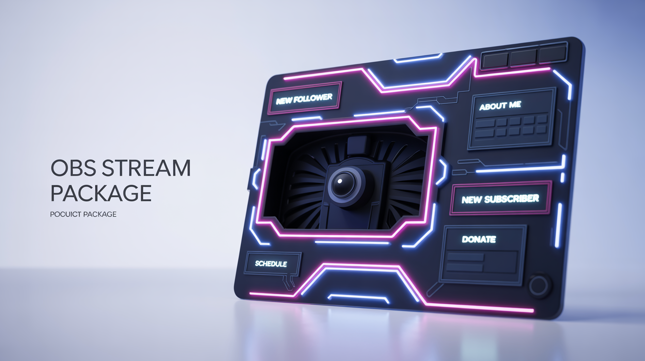 A mockup of a futuristic gaming stream overlay set, featuring a webcam frame, alert boxes, and info panels in a neon blue and pink cyberpunk style, all arranged on a white background.