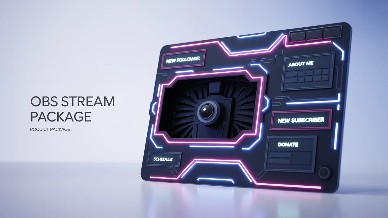 A mockup of a futuristic gaming stream overlay set, featuring a webcam frame, alert boxes, and info panels in a neon blue and pink cyberpunk style, all arranged on a white background.
