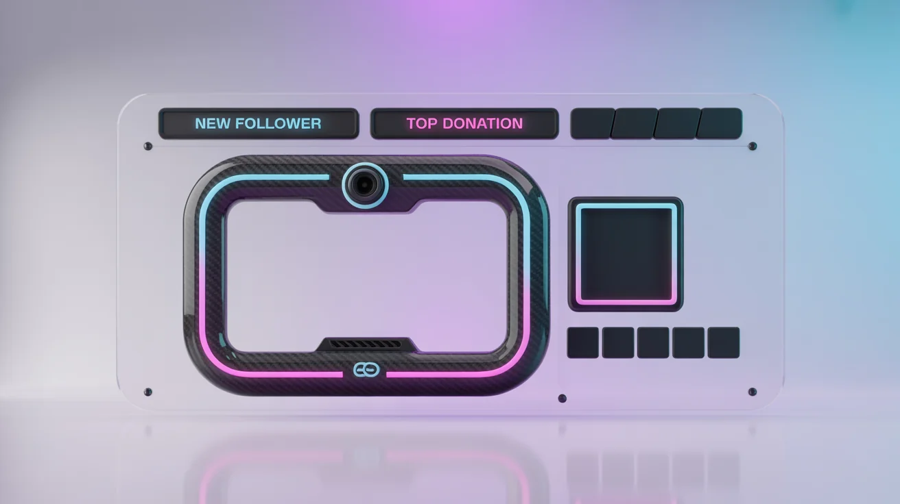 A mockup of a futuristic OBS streaming overlay kit with neon cyan and magenta highlights, displayed on a white background. The kit includes a webcam frame, an info bar, and an alert box.