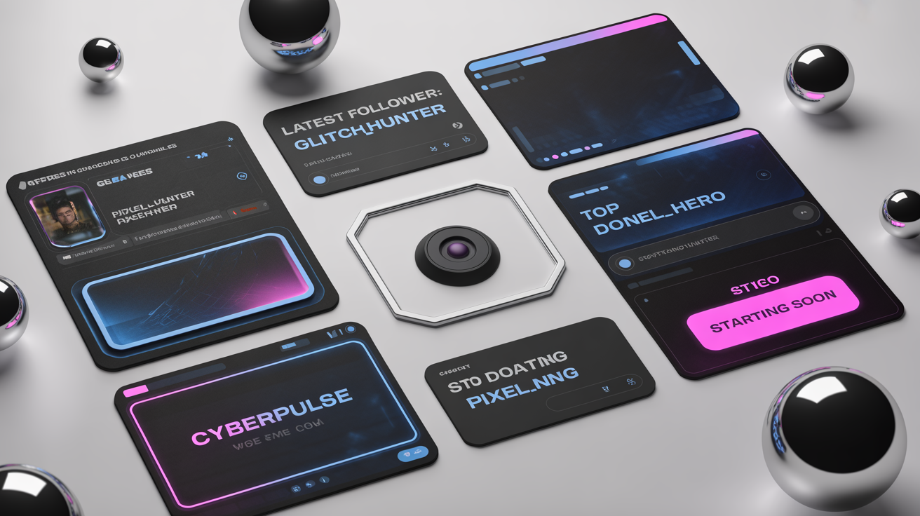 A mockup of a futuristic OBS stream overlay package for live streaming, displayed on a white background. The kit, in a dark theme with neon blue and magenta accents, includes a webcam frame, alert panels for 'Latest Follower' and 'Top Donator', and a 'Stream Starting Soon' screen.