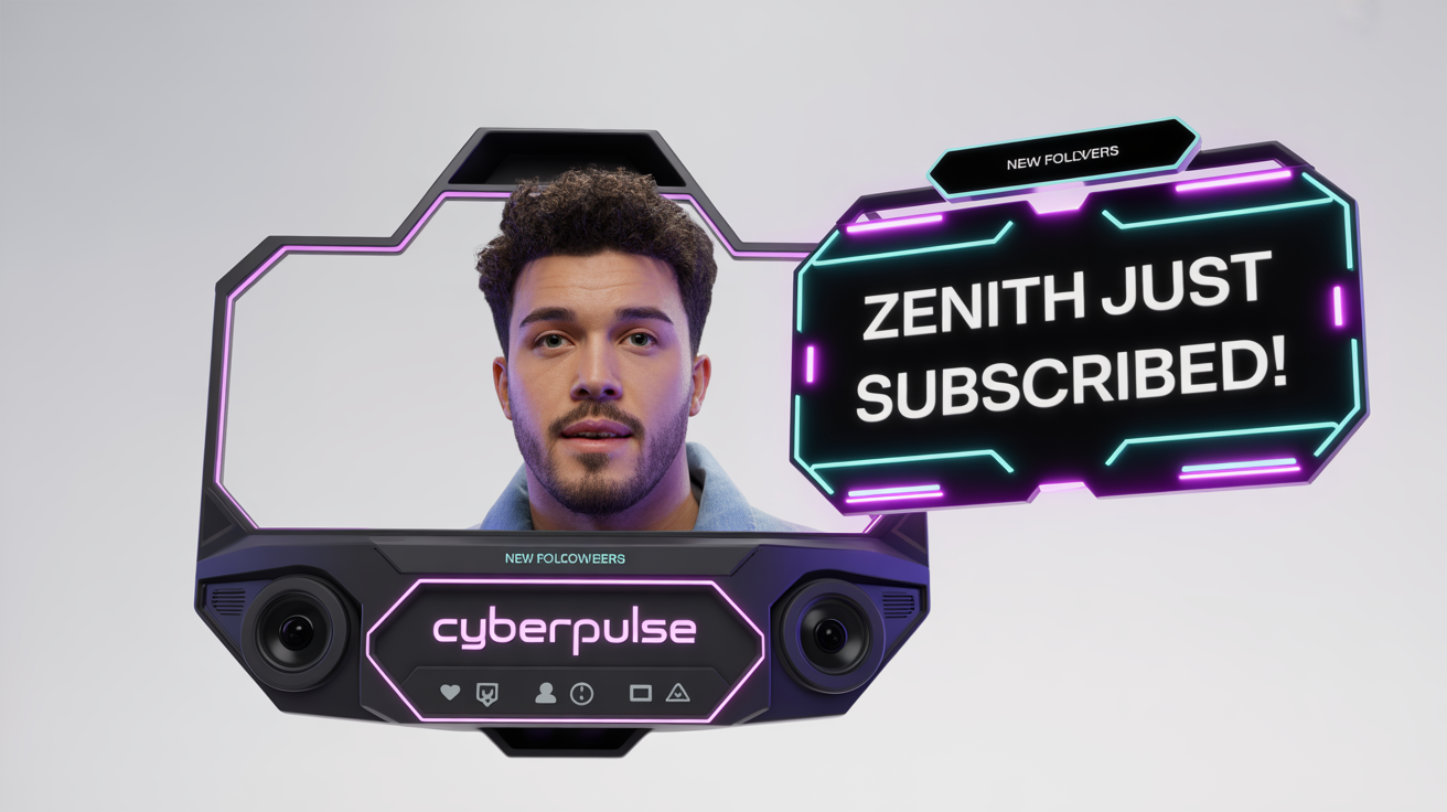 A sleek and futuristic OBS stream overlay mockup, featuring purple and cyan neon elements, including a webcam frame, alert boxes with sample text, and streamer branding, all displayed on a clean white background.
