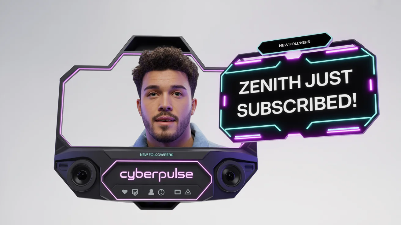 A sleek and futuristic OBS stream overlay mockup, featuring purple and cyan neon elements, including a webcam frame, alert boxes with sample text, and streamer branding, all displayed on a clean white background.