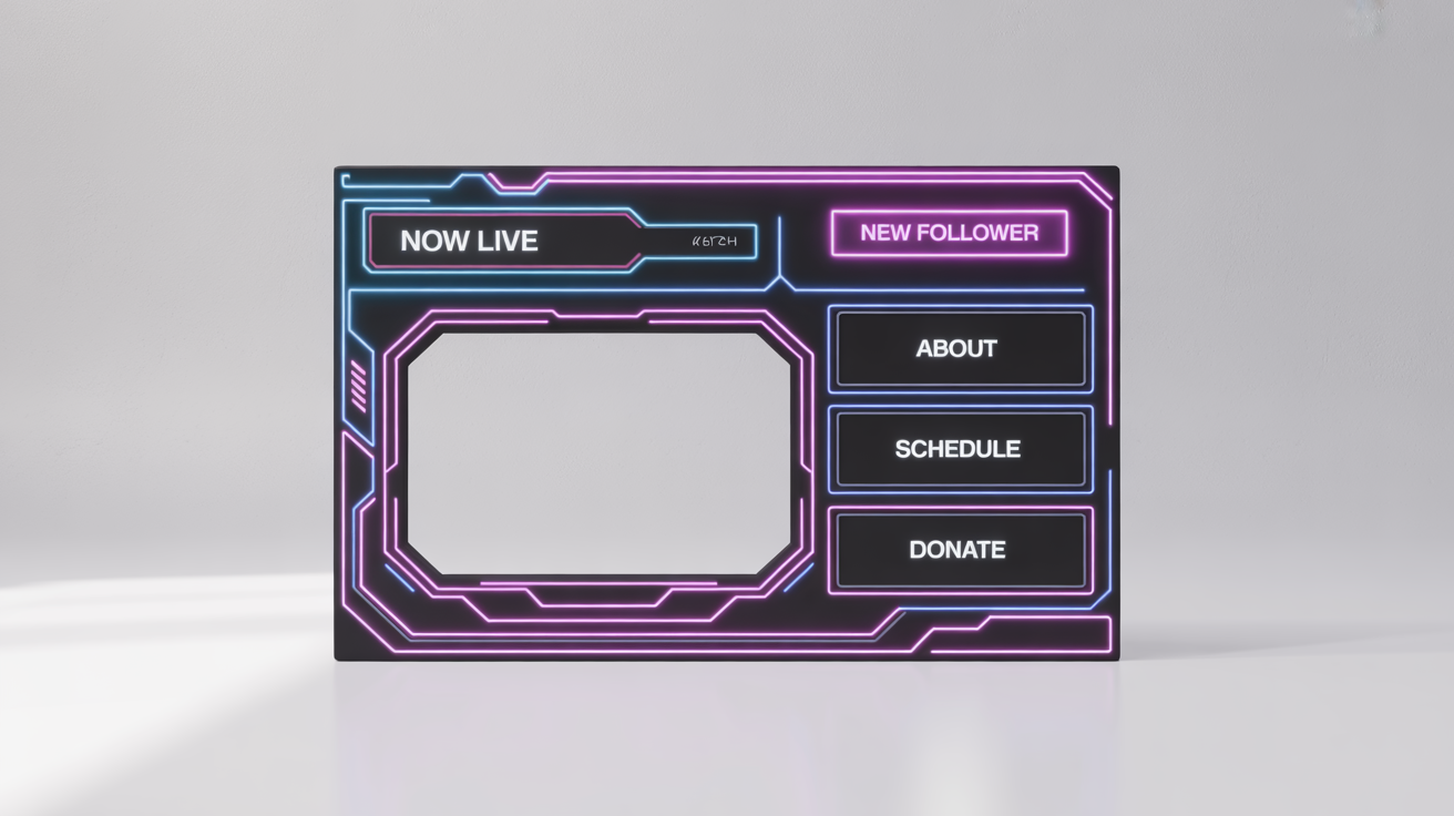 A futuristic, cyberpunk-themed OBS stream overlay package with neon blue and pink graphics, including a webcam frame, alert boxes, and info panels, displayed on a white background.
