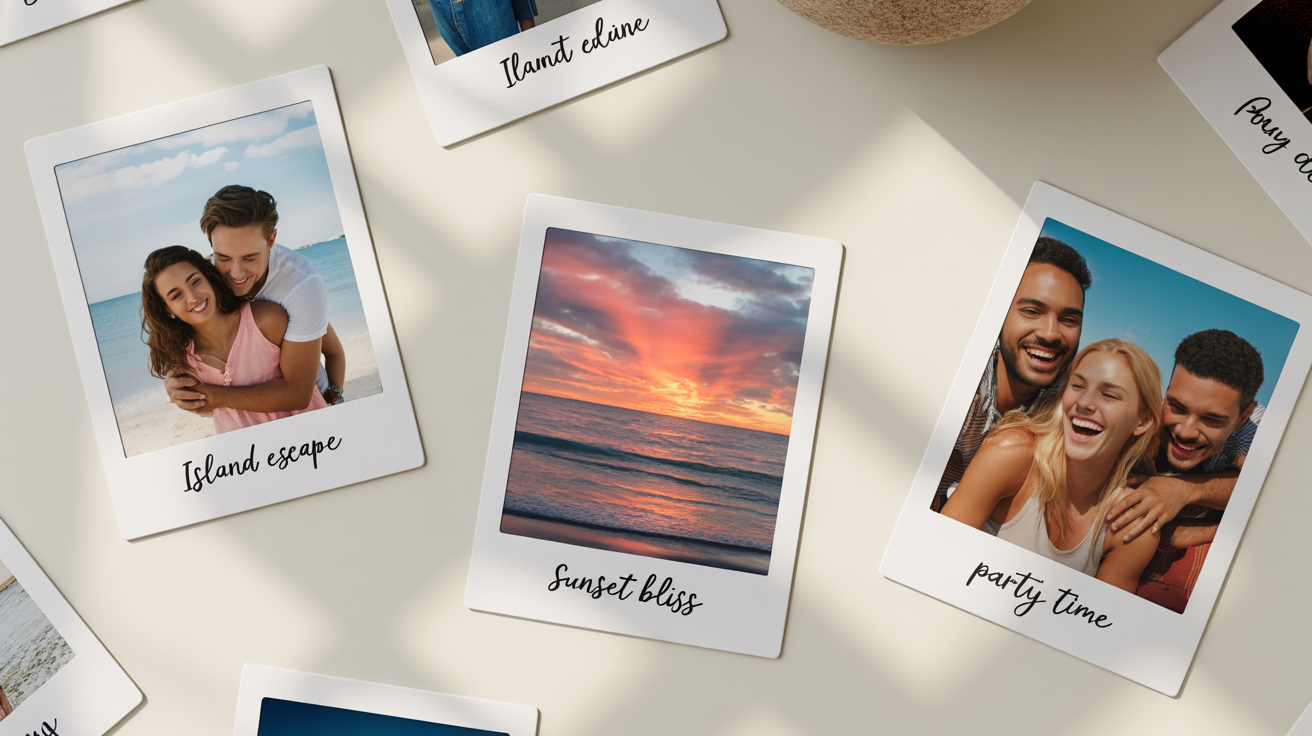A flat lay image of several Polaroid photos scattered on a clean white background, showcasing a photo frame template. Each photo has a caption written at the bottom.