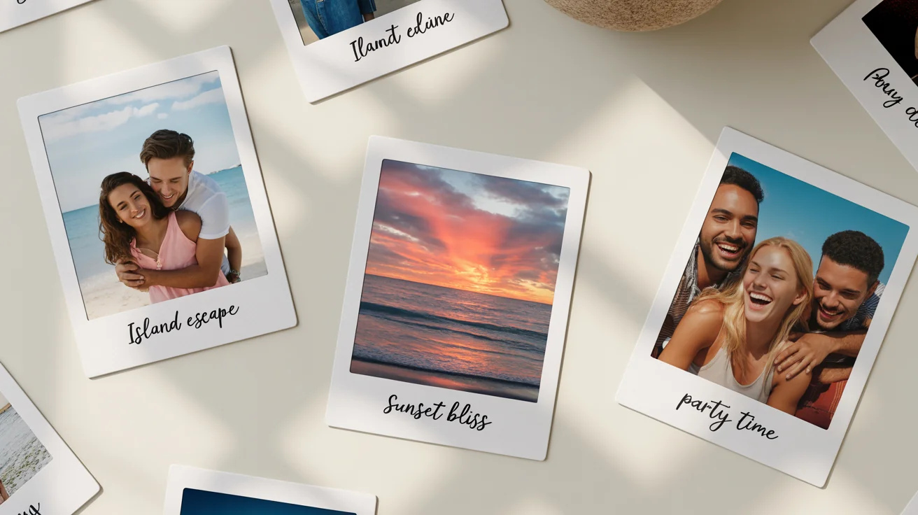 A flat lay image of several Polaroid photos scattered on a clean white background, showcasing a photo frame template. Each photo has a caption written at the bottom.