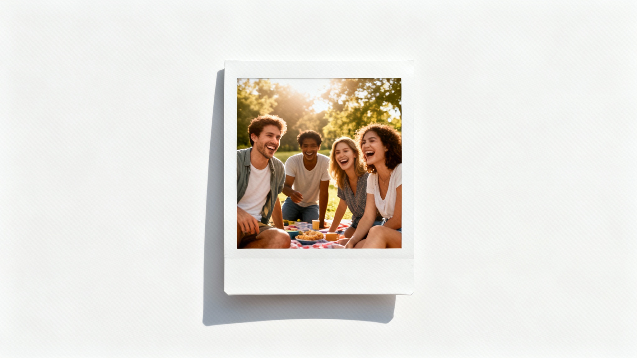 A classic instant film photograph with a white frame, lying on a white background. The photo depicts a happy group of friends at a picnic, illustrating a vintage photo frame effect.