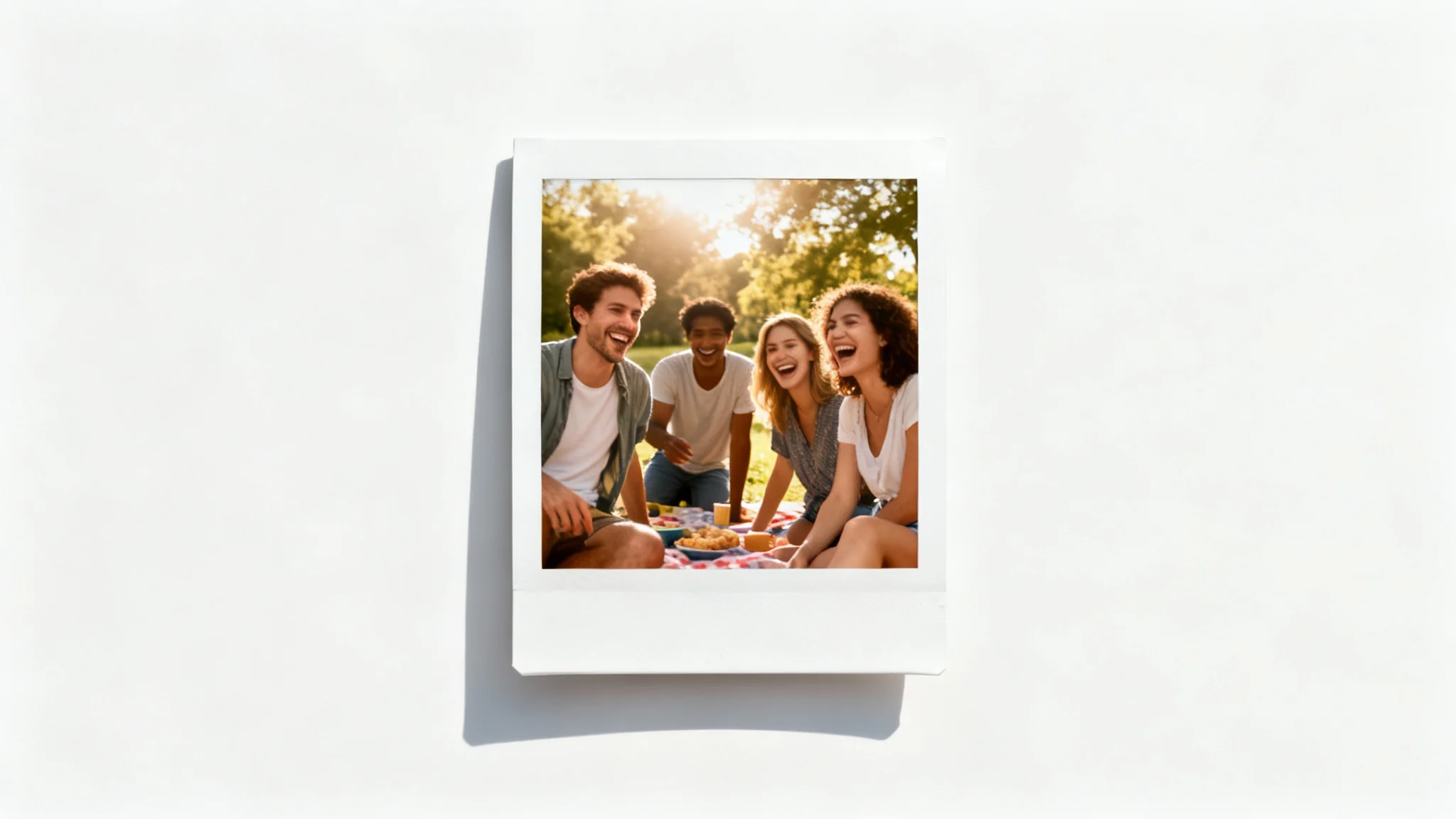 A classic instant film photograph with a white frame, lying on a white background. The photo depicts a happy group of friends at a picnic, illustrating a vintage photo frame effect.