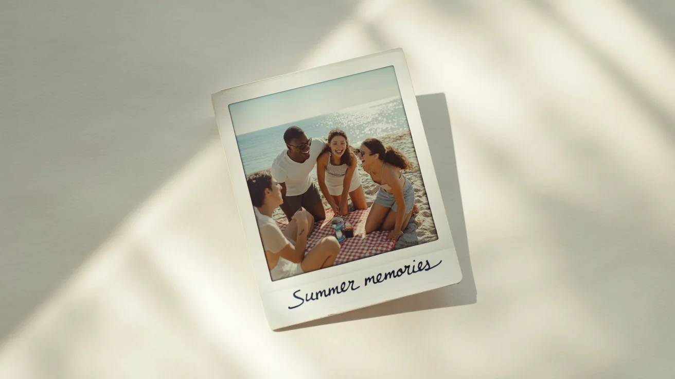 A classic polaroid photo with a white border resting on a white surface. The photo shows friends laughing on a beach, and the words 'Summer Memories' are handwritten on the bottom border.