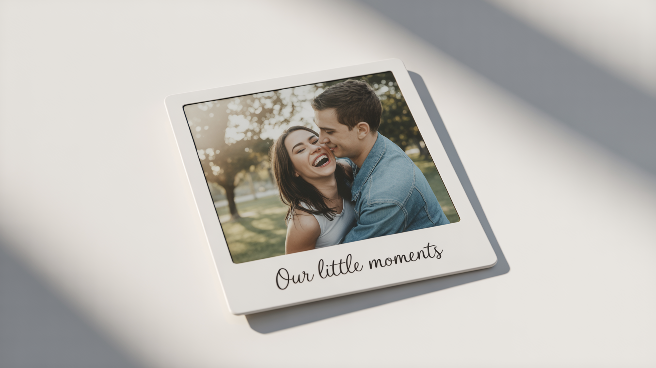 A mockup of a single Polaroid photo on a white background. The photo shows a happy couple in a park, and the frame has 'Our Little Moments' written on it.