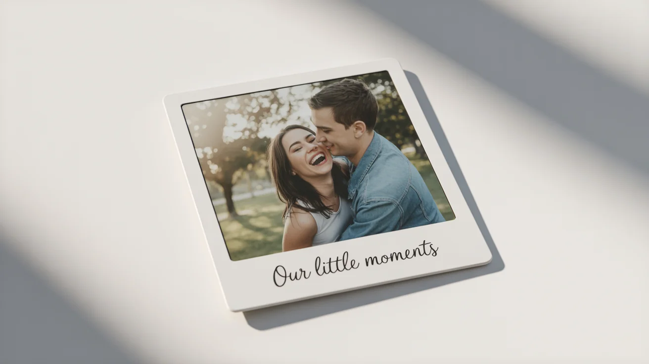A mockup of a single Polaroid photo on a white background. The photo shows a happy couple in a park, and the frame has 'Our Little Moments' written on it.