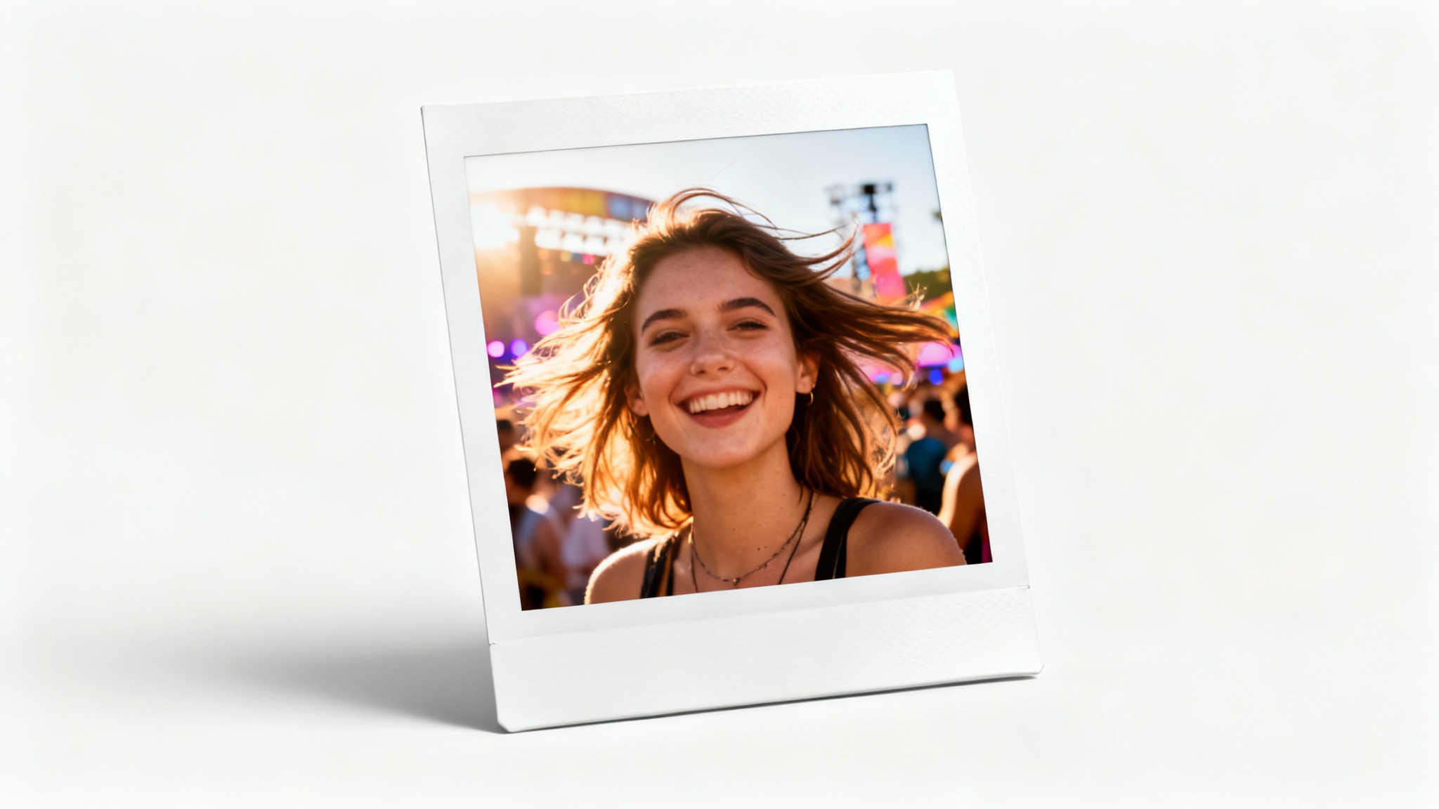 A realistic mockup of a single Polaroid photo featuring a woman at a music festival, displayed on a clean white background.