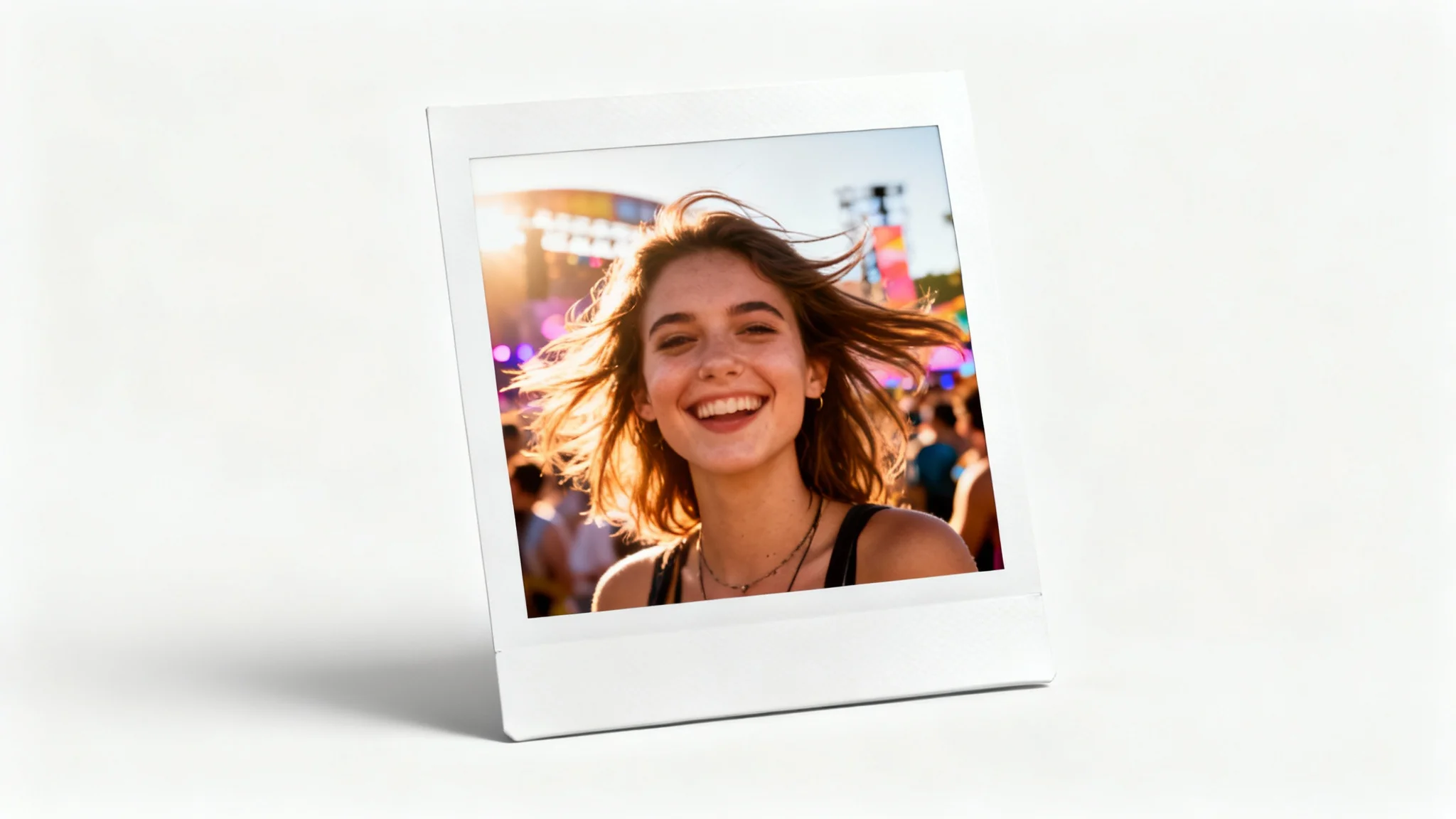 A realistic mockup of a single Polaroid photo featuring a woman at a music festival, displayed on a clean white background.