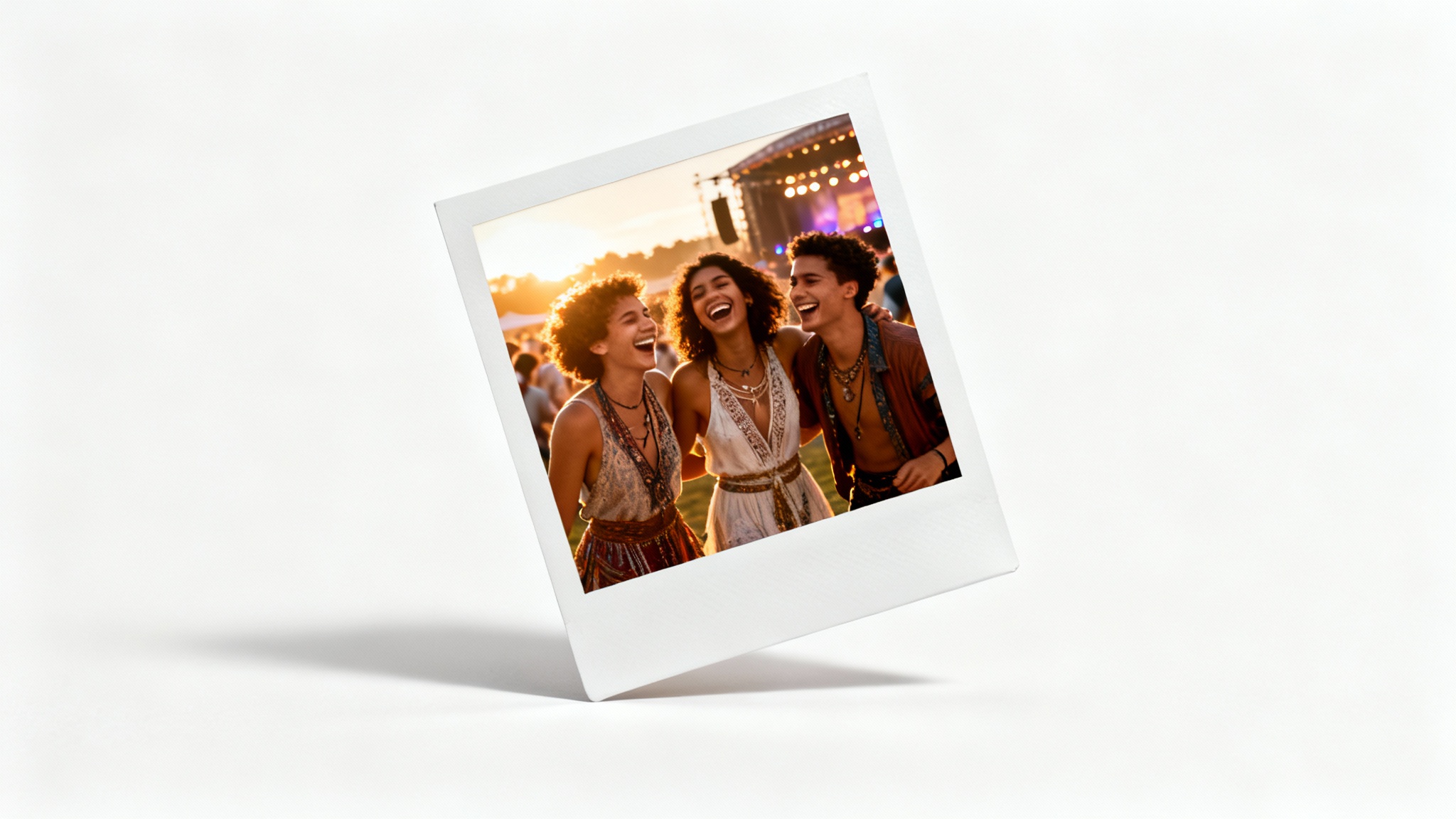 A single polaroid photo rests on a white surface, showing three friends laughing together at a sunny outdoor festival.