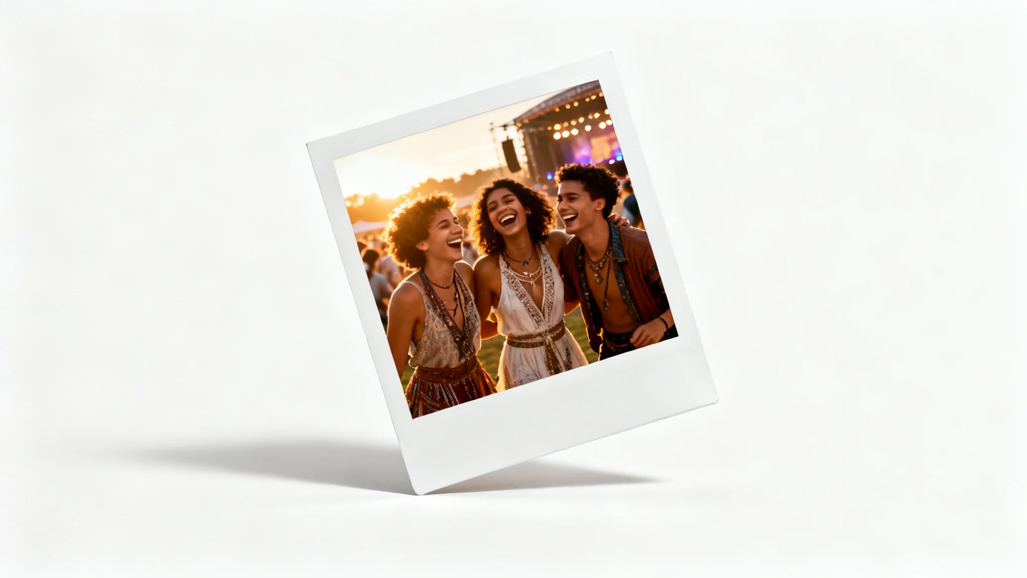 A single polaroid photo rests on a white surface, showing three friends laughing together at a sunny outdoor festival.