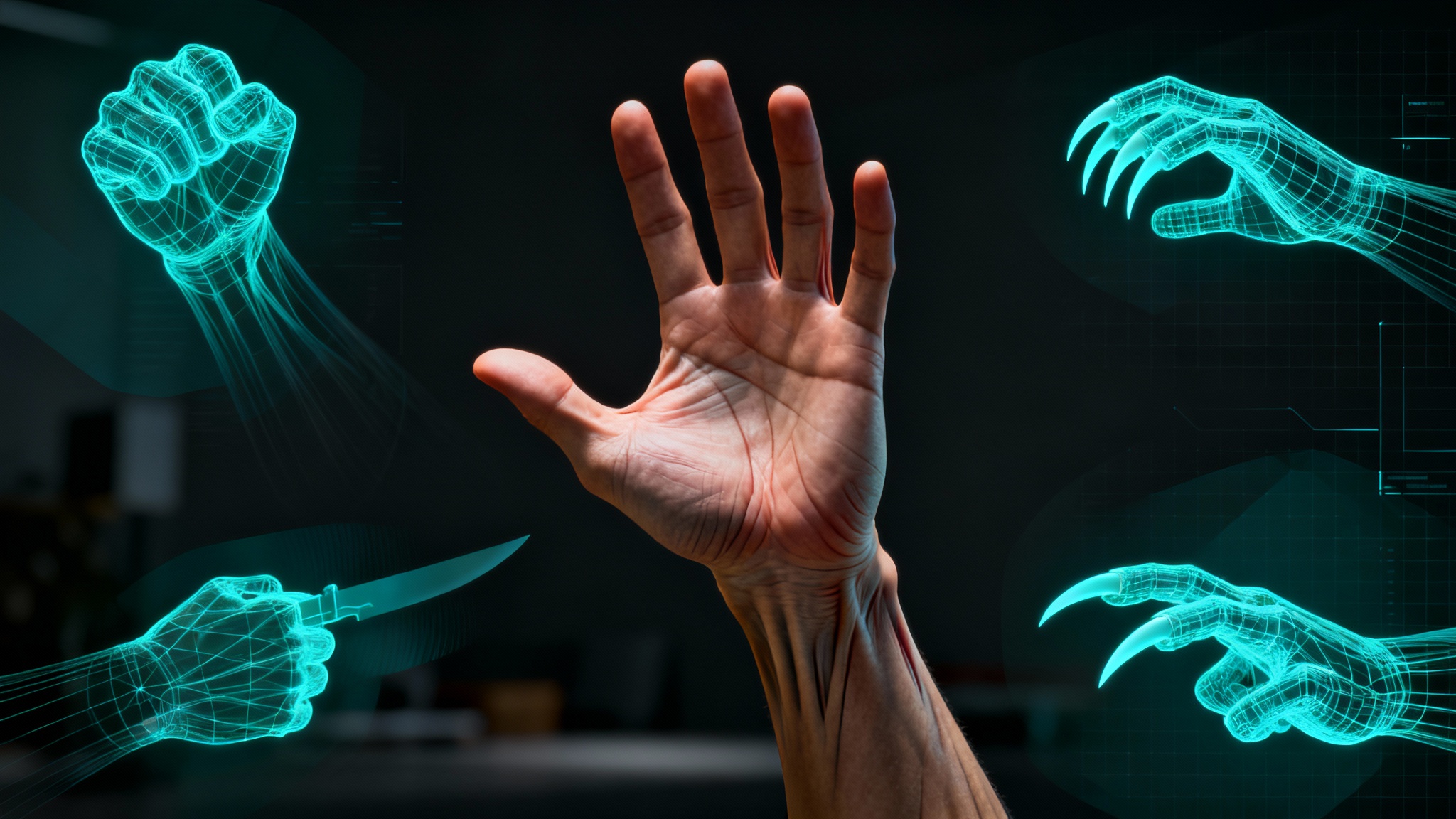 A hero image displaying a library of 3D hand poses for digital artists. A central, hyper-realistic hand in a martial arts knife-hand pose is surrounded by other poses shown as glowing blue wireframes on a dark, high-tech background.