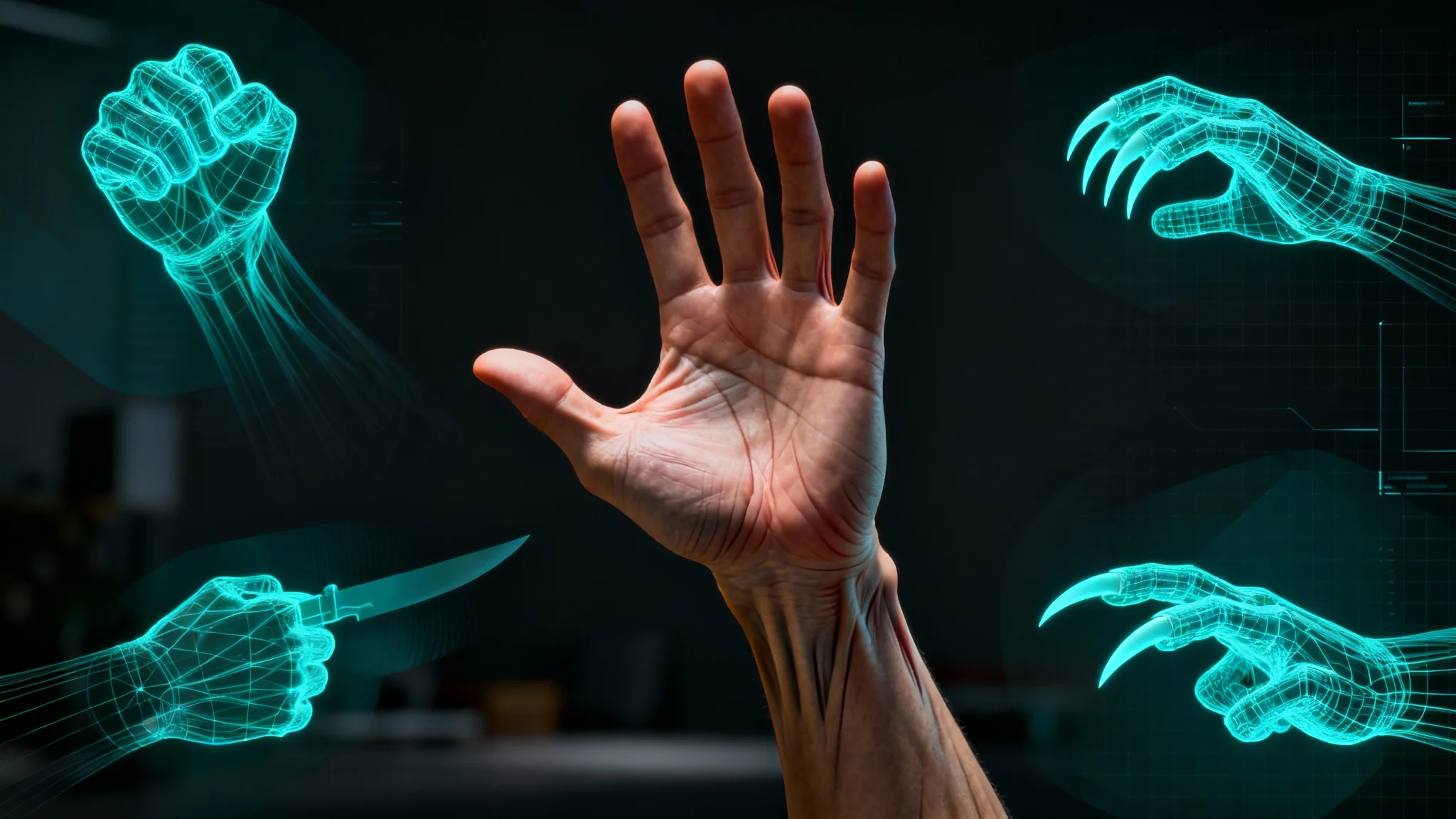 A hero image displaying a library of 3D hand poses for digital artists. A central, hyper-realistic hand in a martial arts knife-hand pose is surrounded by other poses shown as glowing blue wireframes on a dark, high-tech background.