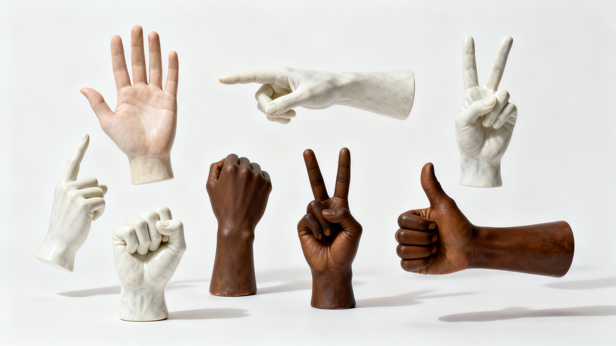 A collection of diverse, photorealistic hands in various poses, including a thumbs-up and a peace sign, arranged artistically against a plain white background.