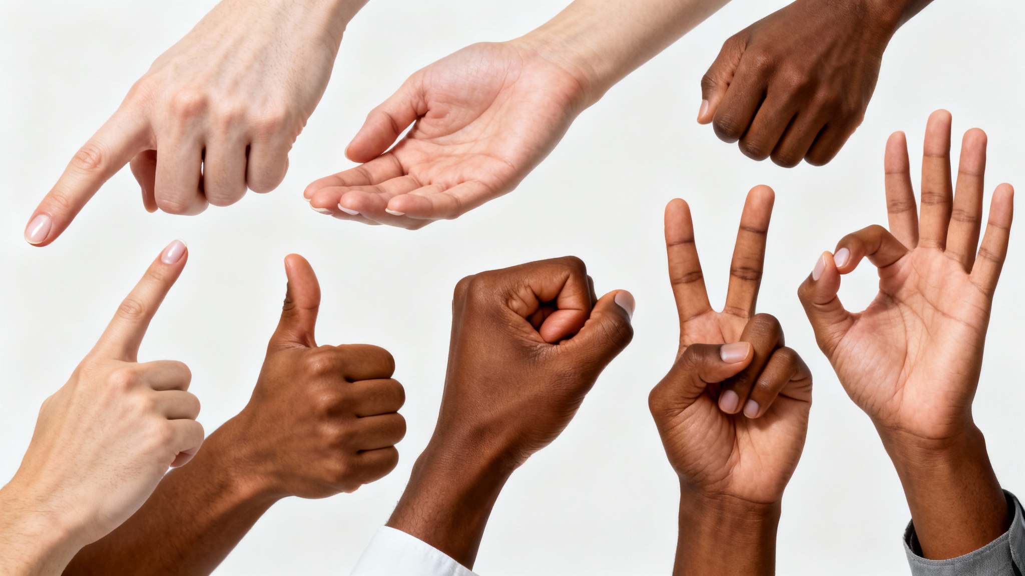 A diverse collection of hyper-realistic hands in various poses, including pointing, a thumbs-up, and an open palm, arranged artistically against a clean white background.