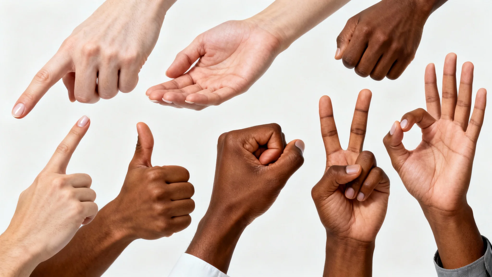 A diverse collection of hyper-realistic hands in various poses, including pointing, a thumbs-up, and an open palm, arranged artistically against a clean white background.