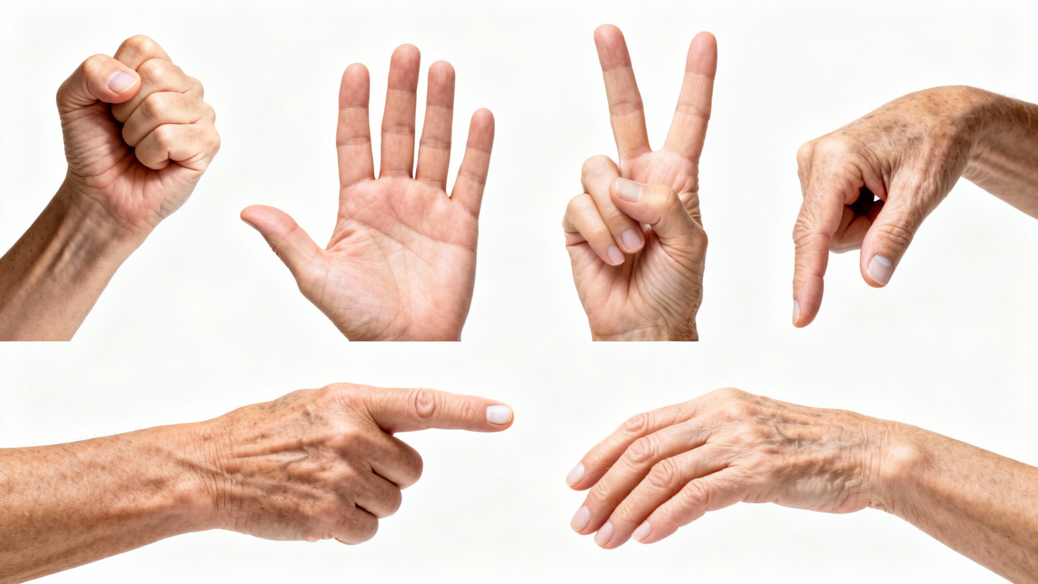 A collage of diverse hands in various expressive poses, such as a fist and an open palm, set against a plain white background.