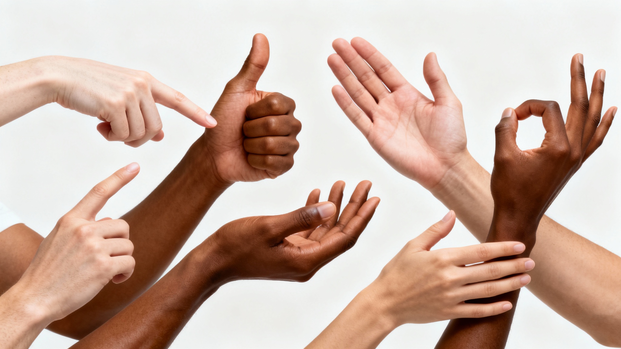 A collection of diverse human hands in various poses, such as a thumbs-up and a pointing finger, set against a clean white background.