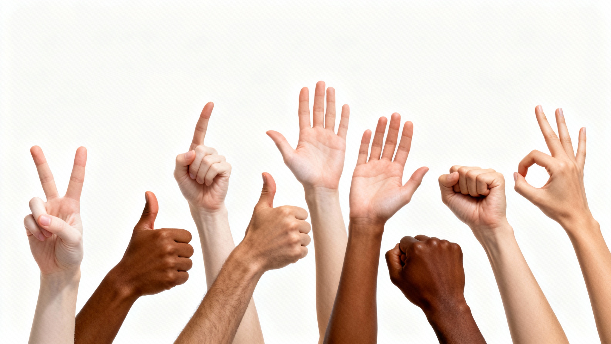 A photorealistic collage of diverse hands in various poses including a peace sign, thumbs-up, and pointing set against a clean white background.