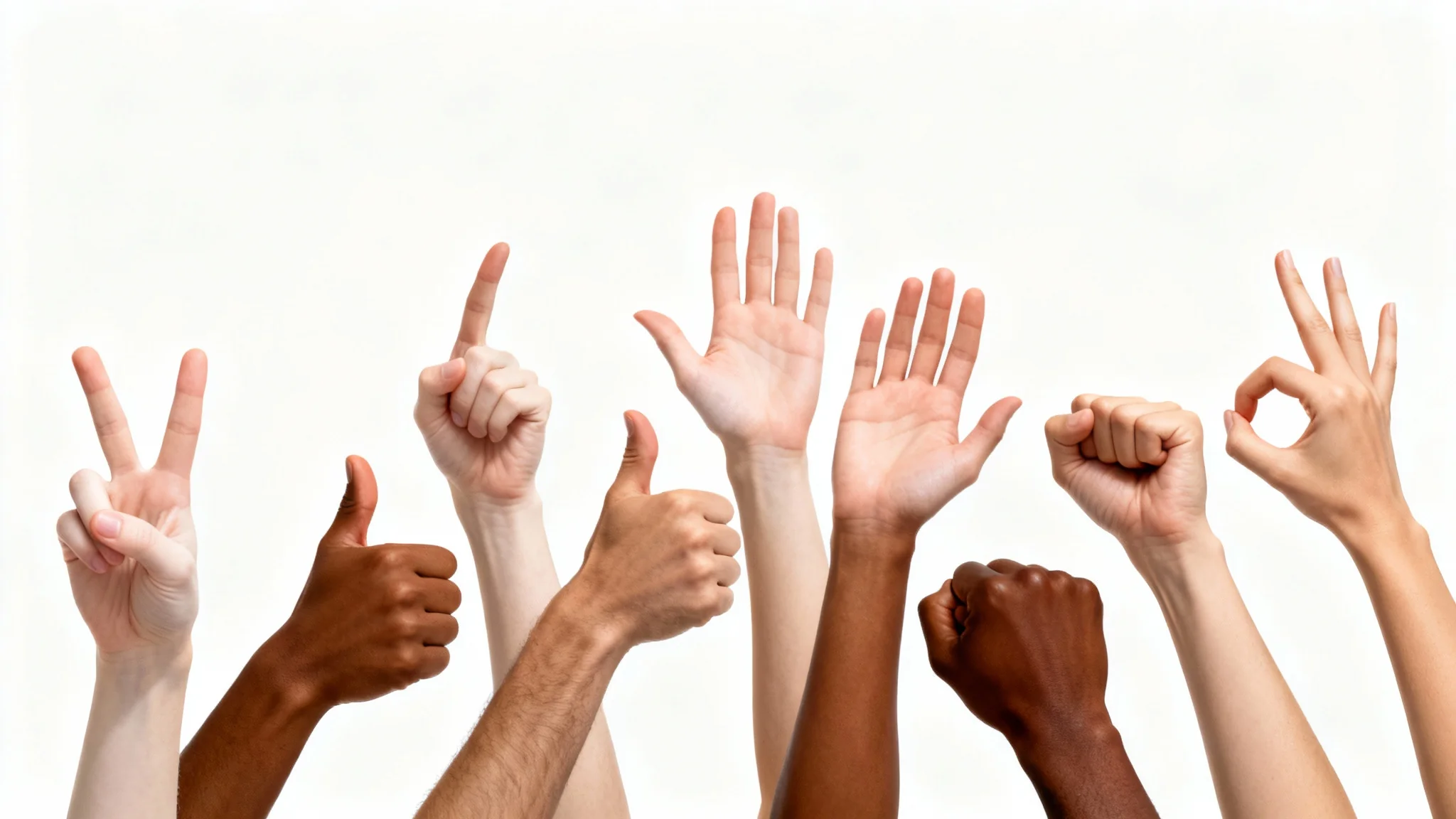 A photorealistic collage of diverse hands in various poses including a peace sign, thumbs-up, and pointing set against a clean white background.