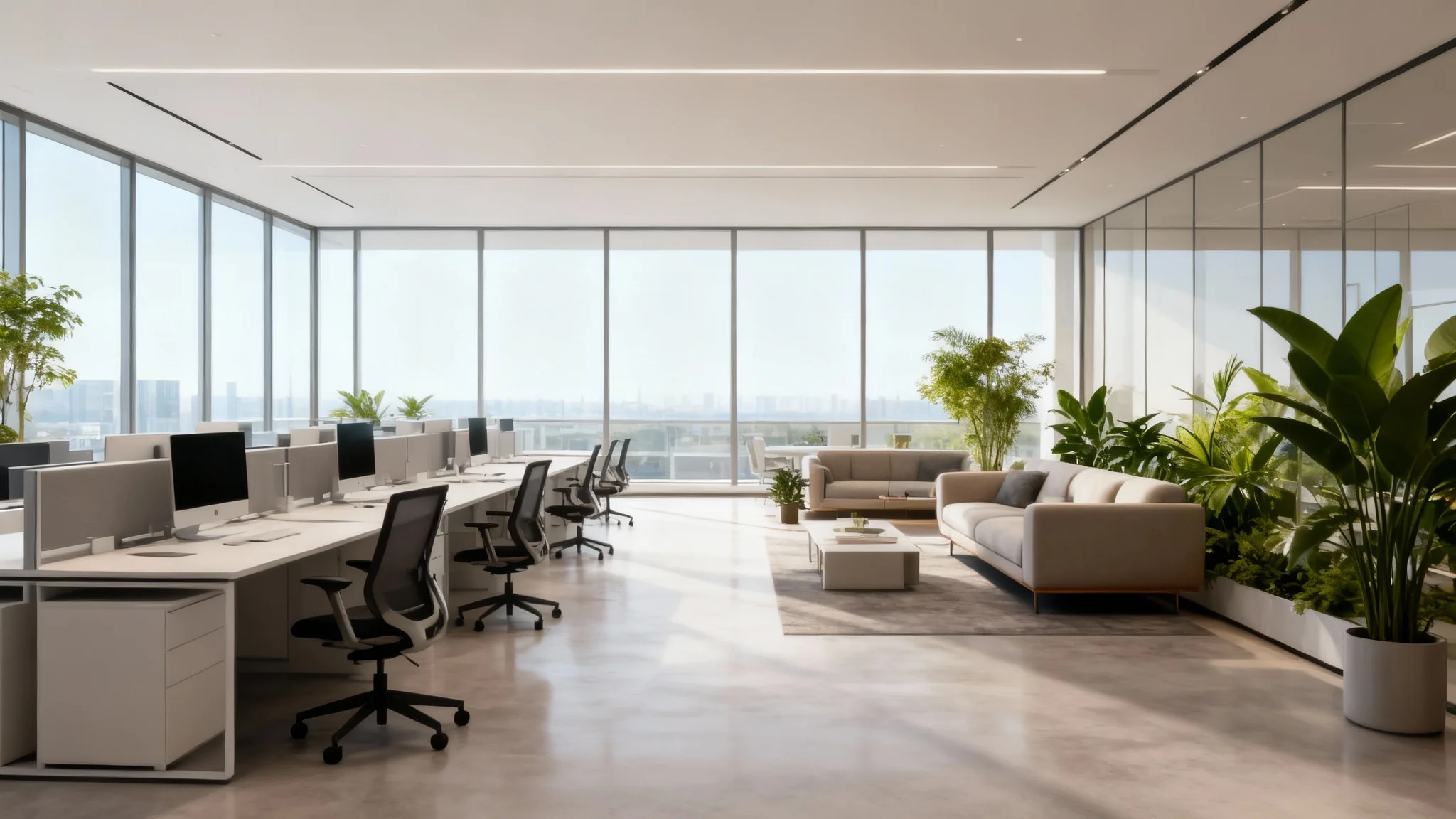 A wide-angle, photorealistic image of a beautifully designed modern office interior, showing the final result of an office layout tool.