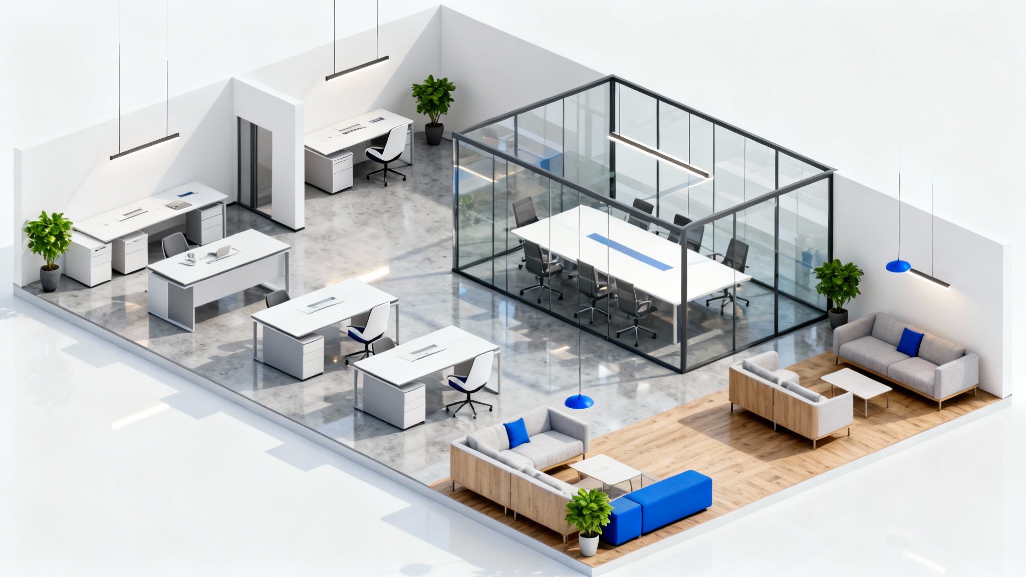 A 3D isometric rendering of a modern, open-plan office layout featuring designated work, meeting, and lounge areas, presented on a clean white background.