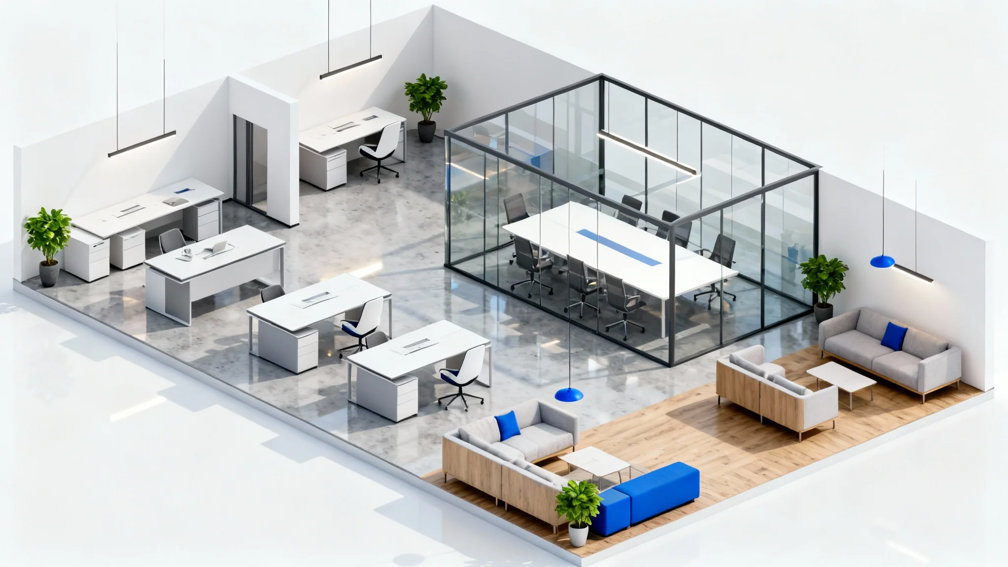 A 3D isometric rendering of a modern, open-plan office layout featuring designated work, meeting, and lounge areas, presented on a clean white background.
