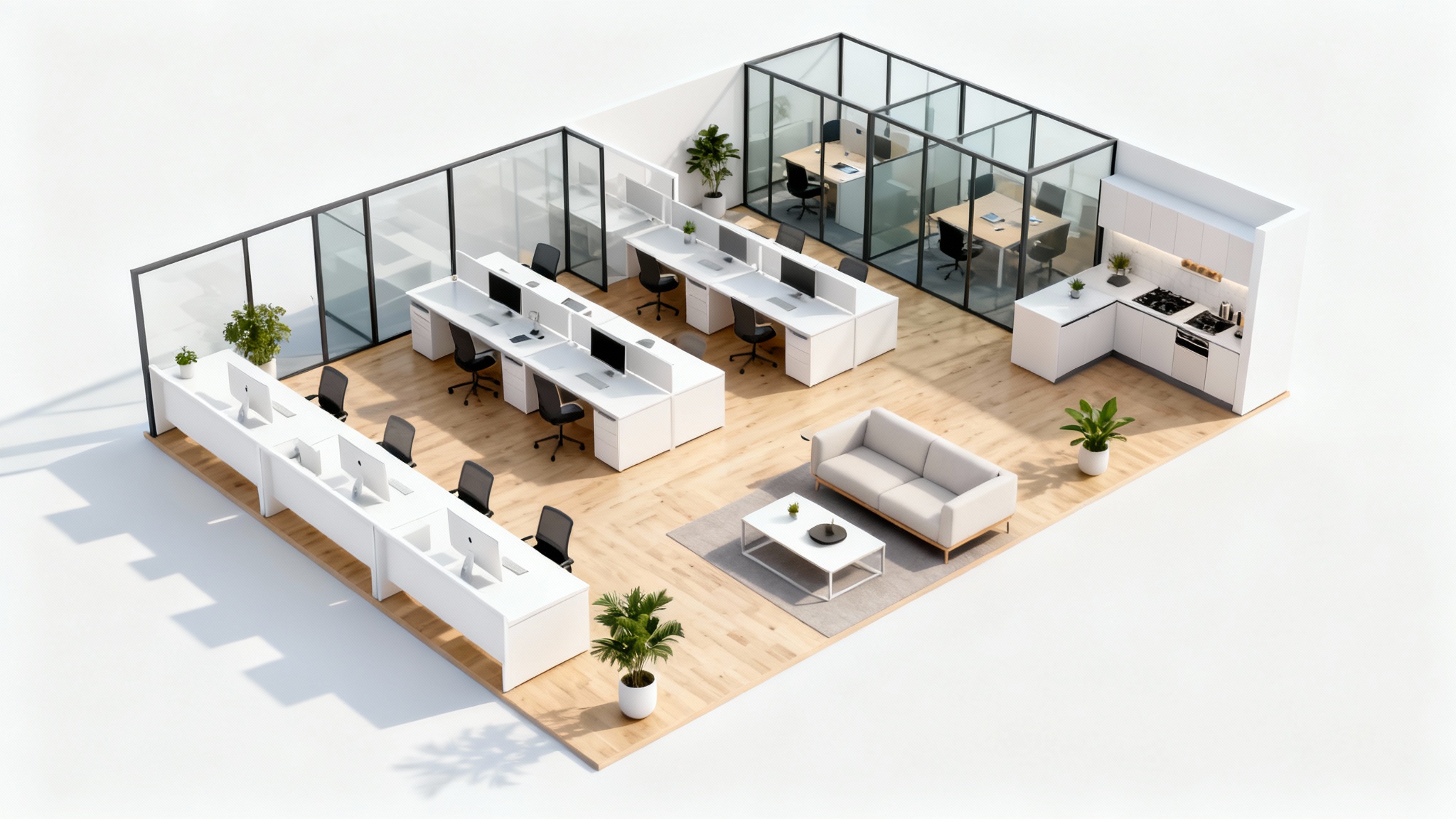 A 3D top-down render of a modern office floor plan, showing an open layout with workstations, glass-walled offices, and a lounge area, all on a white background.