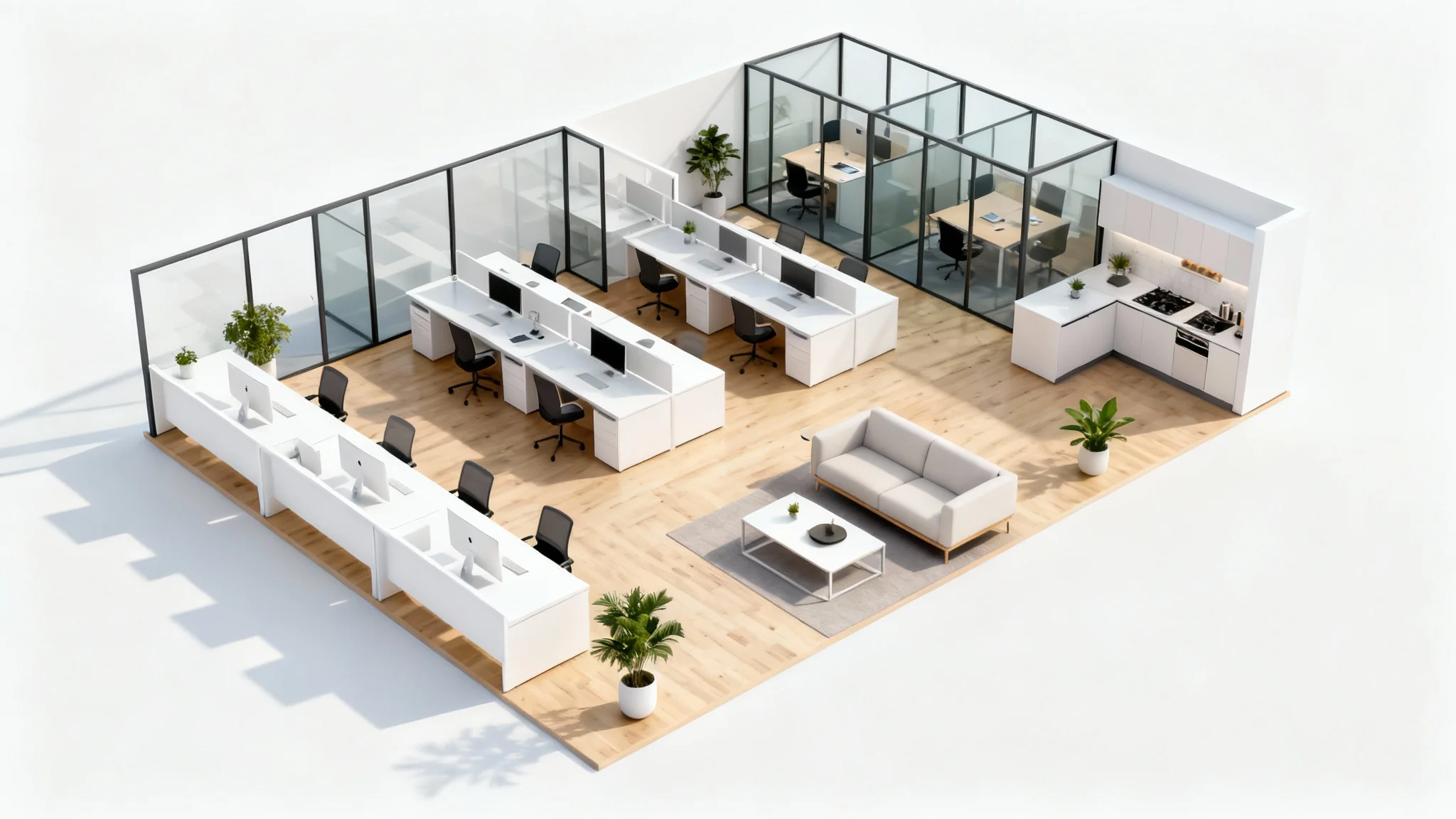 A 3D top-down render of a modern office floor plan, showing an open layout with workstations, glass-walled offices, and a lounge area, all on a white background.