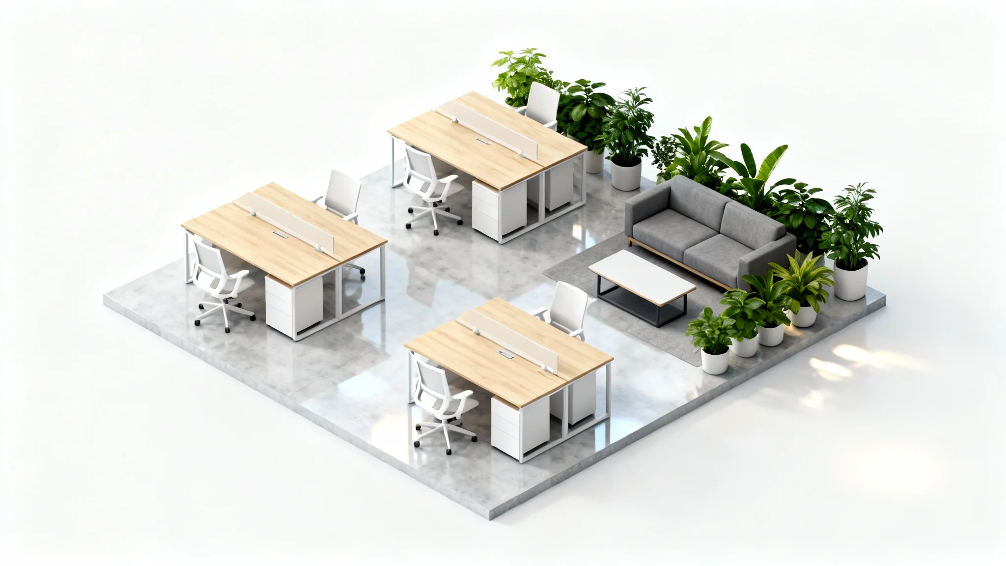 A 3D architectural rendering of a modern, open-plan office layout, featuring minimalist desks, chairs, and a collaborative lounge area on a clean white background.