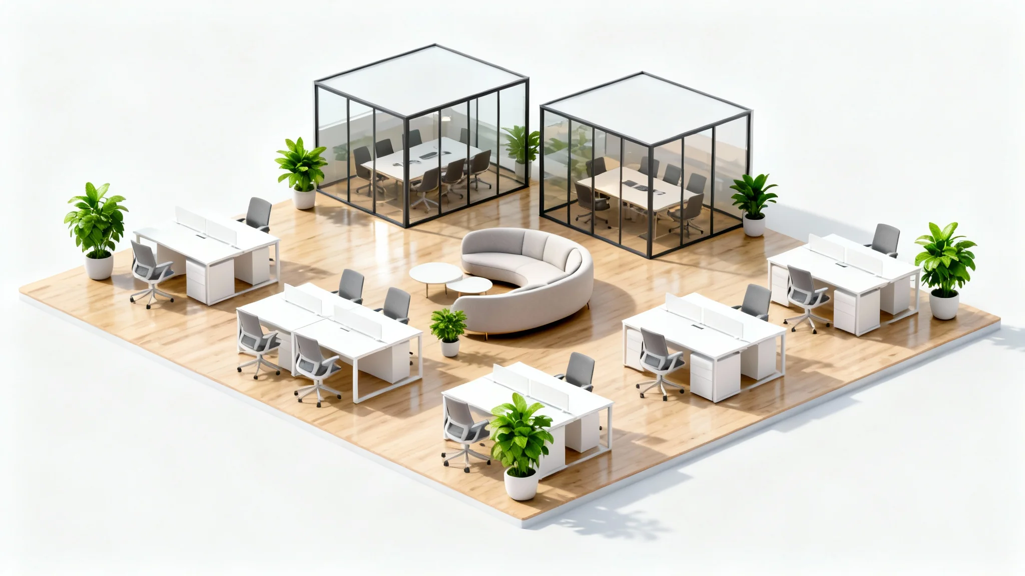 A 3D isometric model of a modern open-plan office layout, shown against a white background. The mockup includes desks, chairs, a lounge area, and glass meeting rooms.
