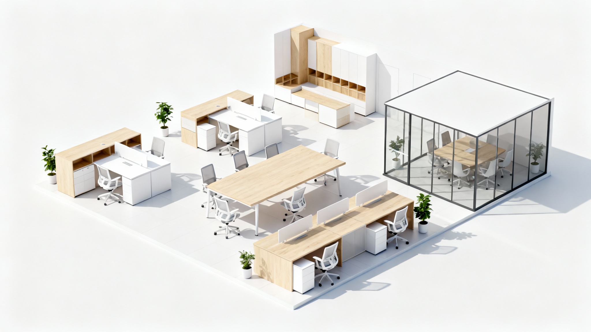 A 3D isometric model of a modern, open-plan office layout, showcasing workstations and a meeting room on a clean white background.