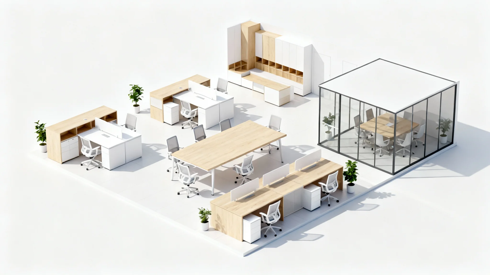 A 3D isometric model of a modern, open-plan office layout, showcasing workstations and a meeting room on a clean white background.