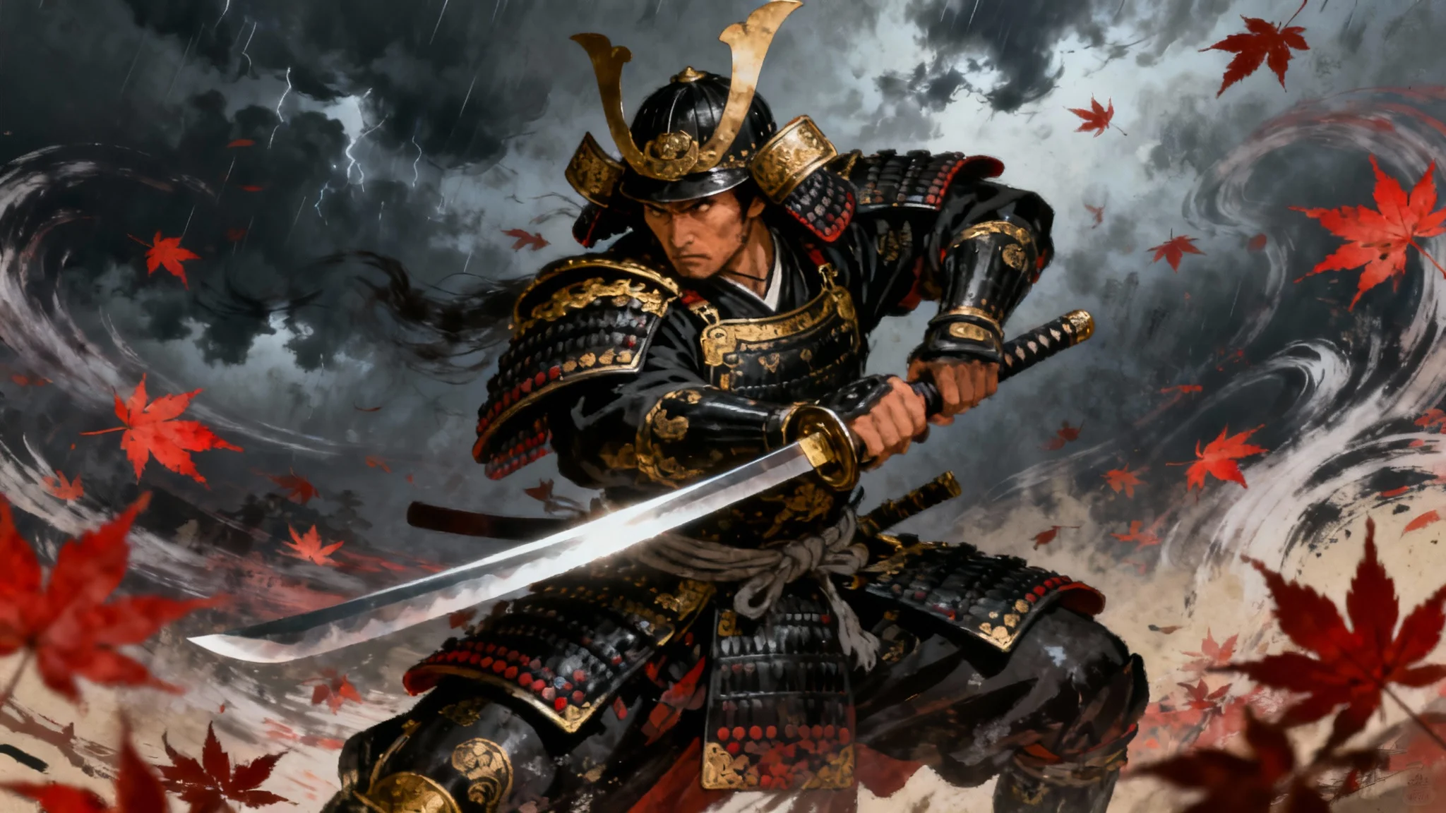 A dramatic digital painting of a samurai warrior in a dynamic pose, wearing ornate black and gold armor and holding a katana under a stormy sky with swirling red leaves, in a 16:9 cinematic format.