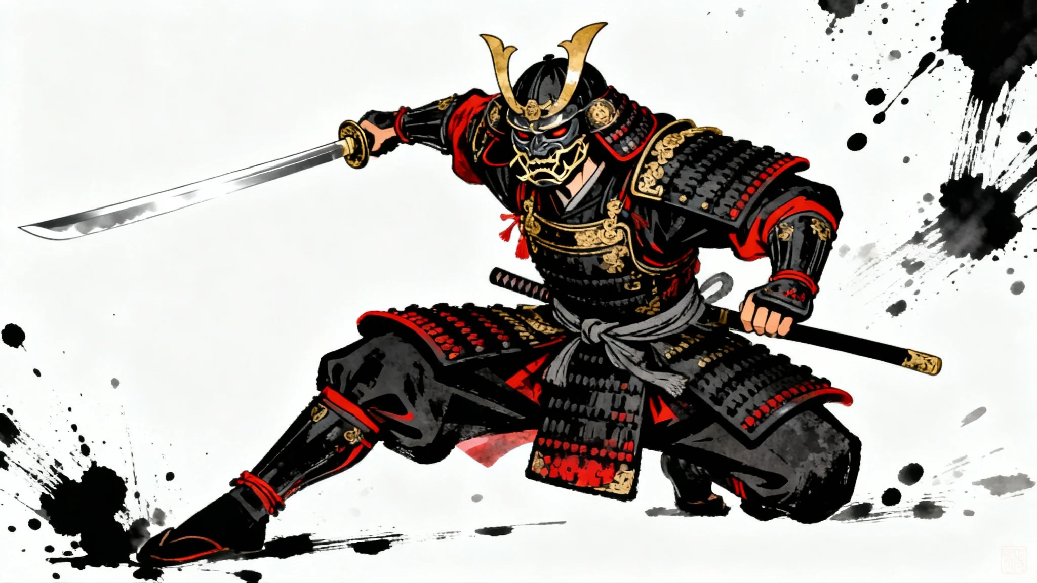 A dynamic, ukiyo-e style illustration of a samurai warrior in black and red armor, posing with a katana against a white background.