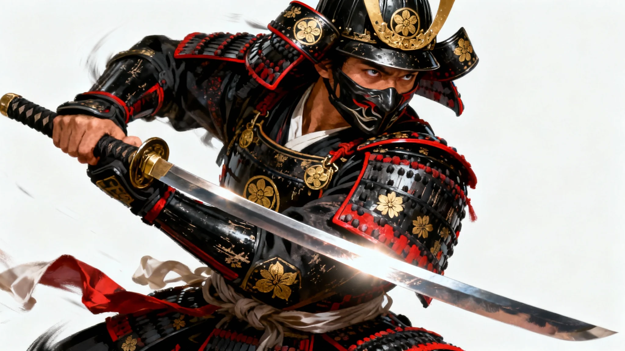 A hyper-realistic digital painting of a samurai warrior in elaborate black and red armor with gold accents, posing with a katana against a plain white background.