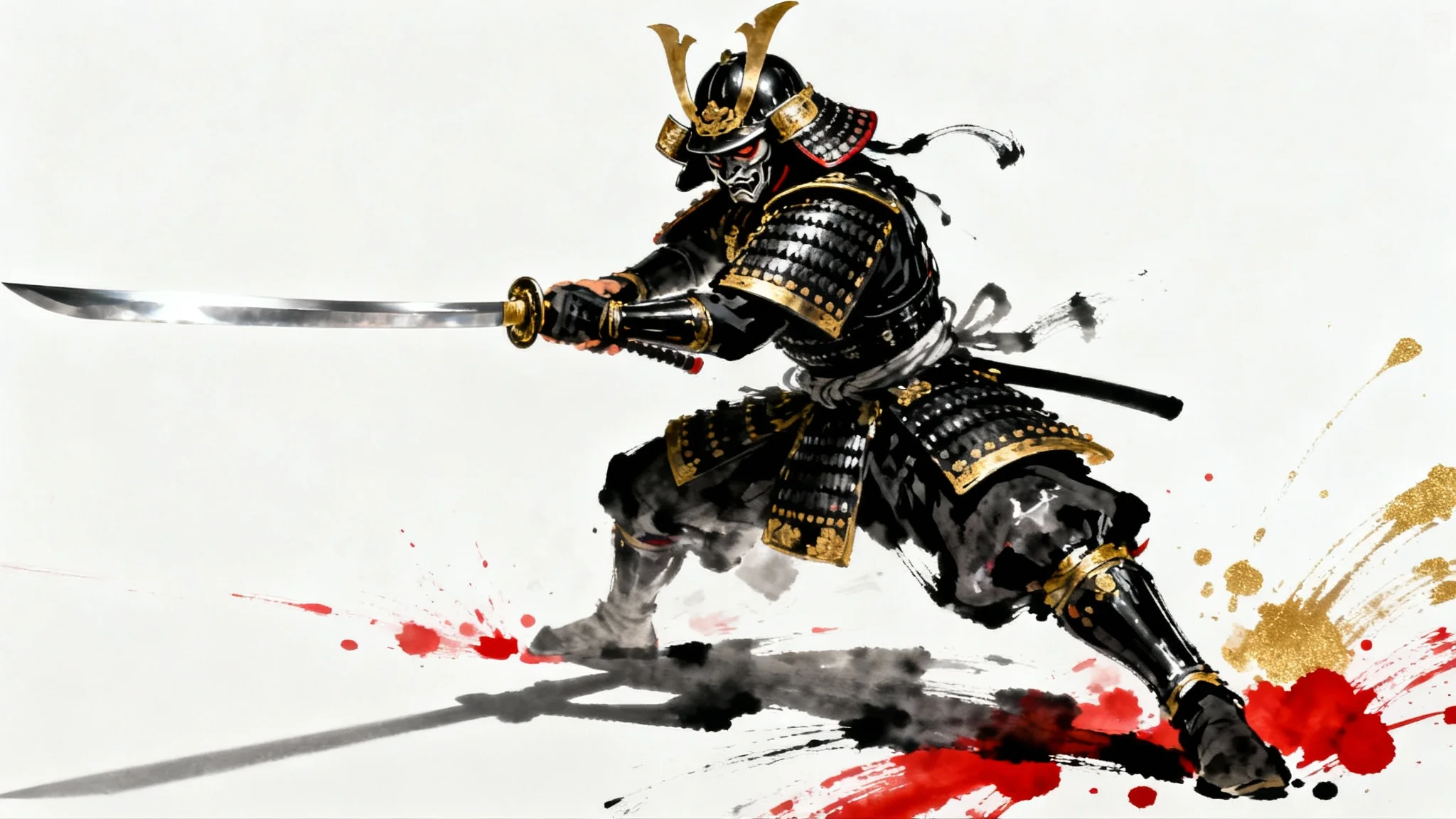 A dramatic, modern ink wash style illustration of a samurai warrior in full armor, mid-strike with a katana, set against a plain white background with splashes of red and gold.