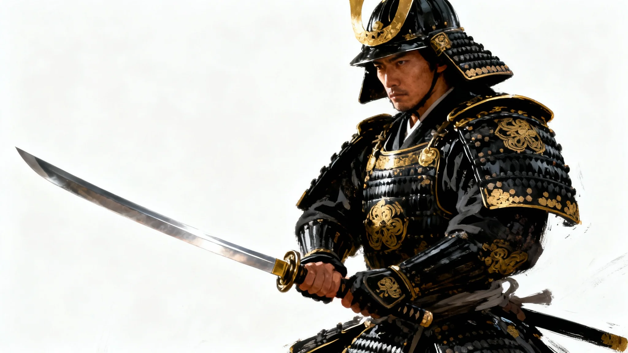 A hyper-realistic digital painting of a samurai in full black and gold armor, holding a katana in a powerful pose against a clean white background.