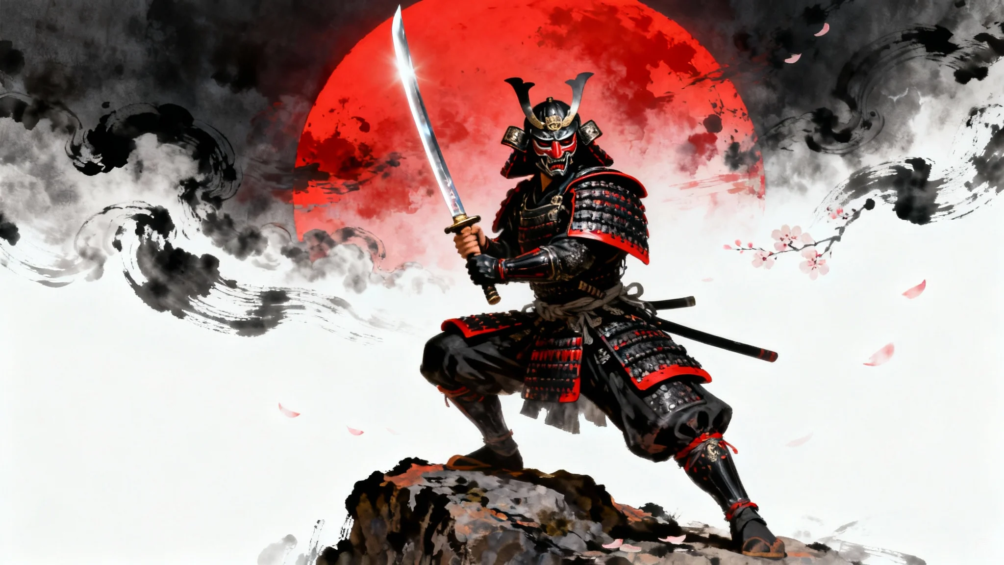 A dramatic digital painting in a modern ukiyo-e style, showing a samurai in full black and red armor holding a katana against a backdrop of a large red sun, all isolated on a white background.